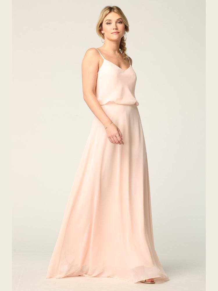 Long Spaghetti Strap Blouson Bridesmaids Dress - The Dress Outlet