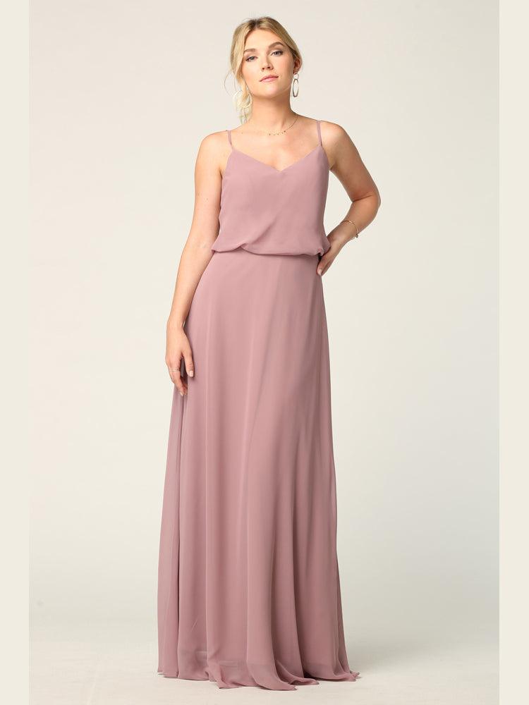 Long Spaghetti Strap Blouson Bridesmaids Dress - The Dress Outlet