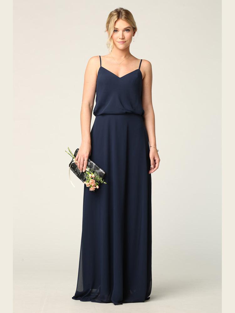 Long Spaghetti Strap Blouson Bridesmaids Dress - The Dress Outlet