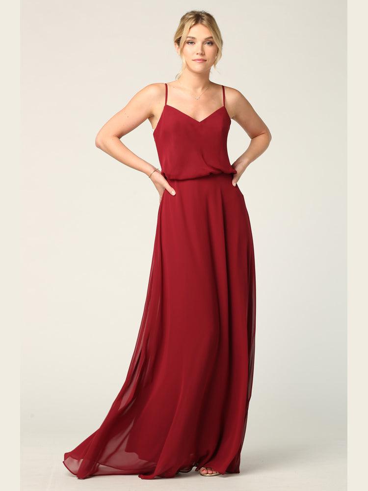 Long Spaghetti Strap Blouson Bridesmaids Dress - The Dress Outlet