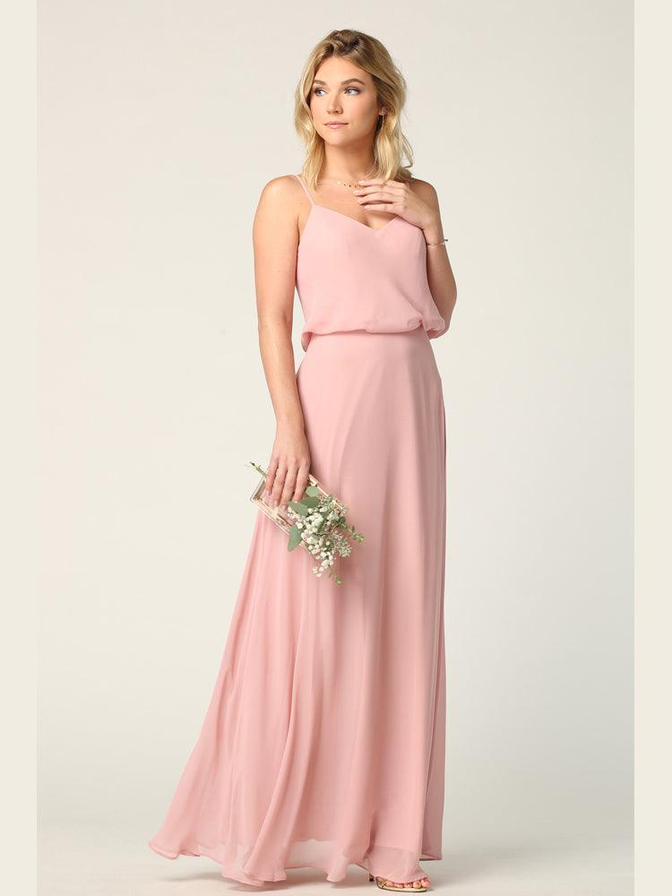 Long Spaghetti Strap Blouson Bridesmaids Dress - The Dress Outlet