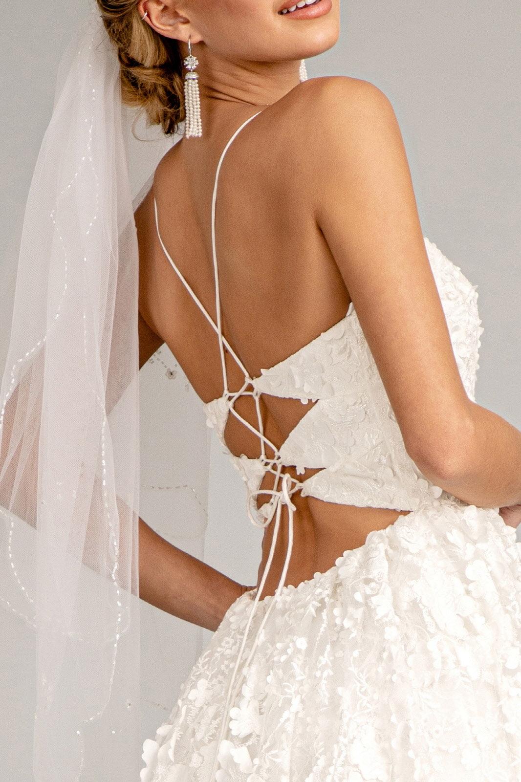 Long Spaghetti Strap Floral Mesh Wedding Dress - The Dress Outlet
