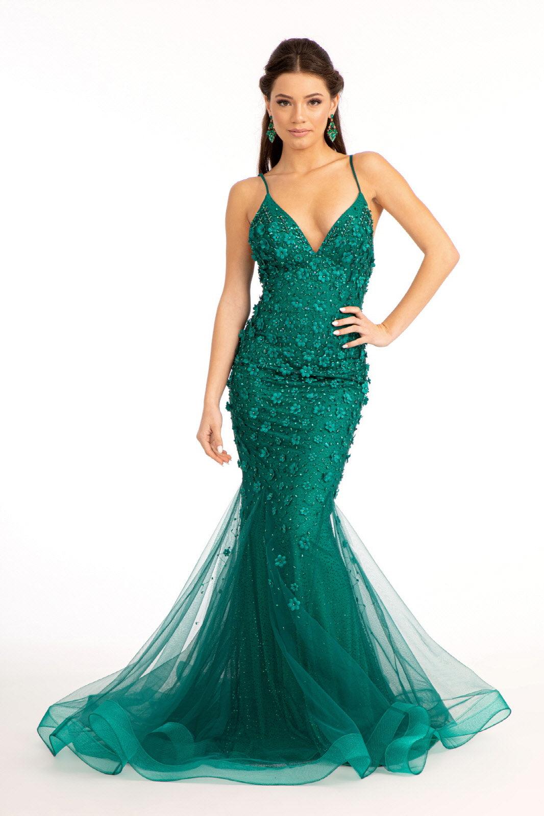 Long Spaghetti Strap Formal Mesh Prom Dress - The Dress Outlet