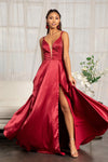 Long Spaghetti Strap Satin A Line Prom Dress - The Dress Outlet