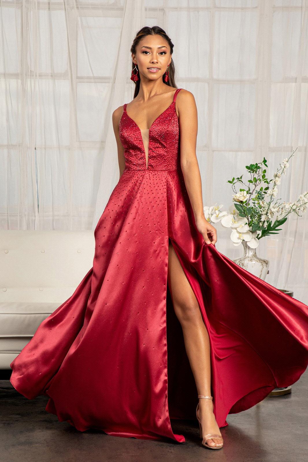 Long Spaghetti Strap Satin A Line Prom Dress - The Dress Outlet