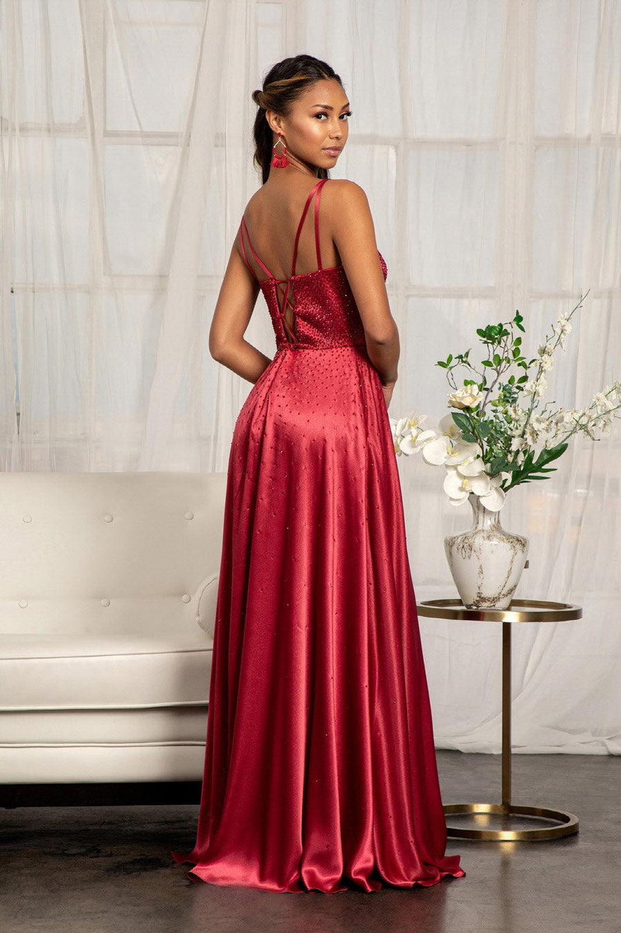 Long Spaghetti Strap Satin A Line Prom Dress - The Dress Outlet