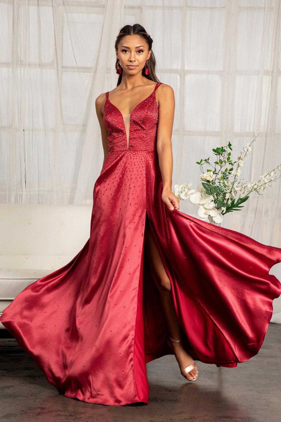 Long Spaghetti Strap Satin A Line Prom Dress - The Dress Outlet