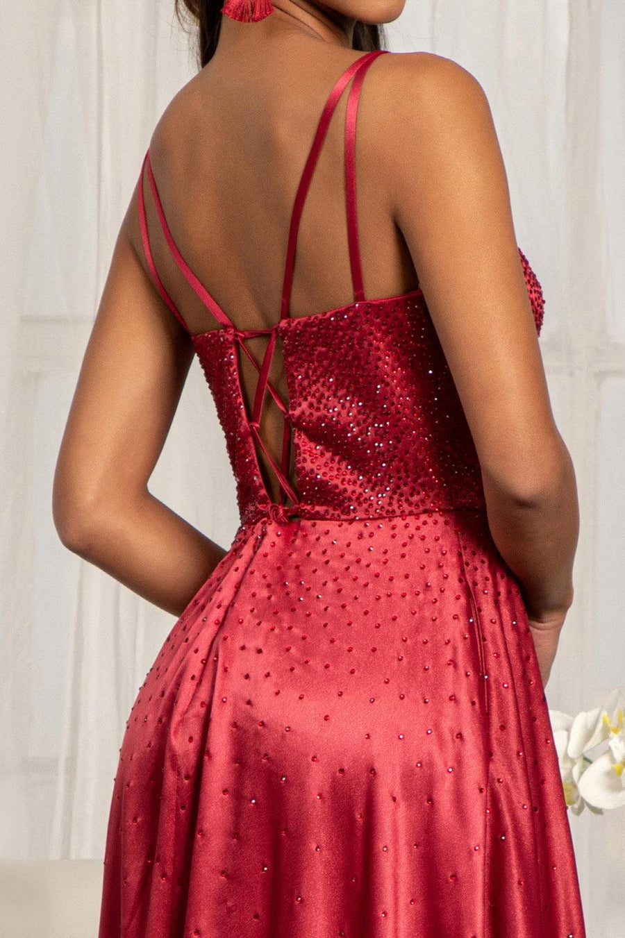 Long Spaghetti Strap Satin A Line Prom Dress - The Dress Outlet