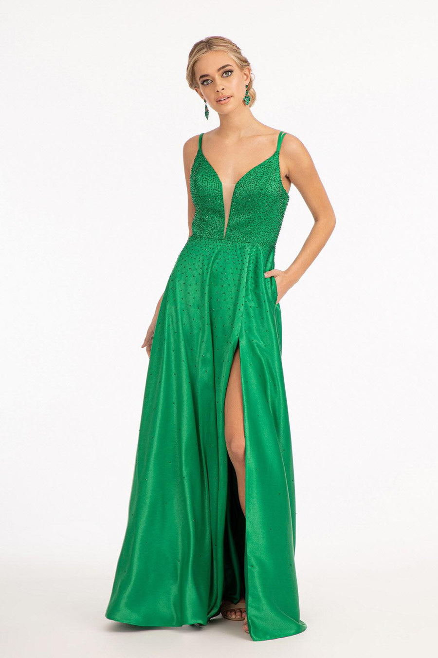 Long Spaghetti Strap Satin A Line Prom Dress - The Dress Outlet