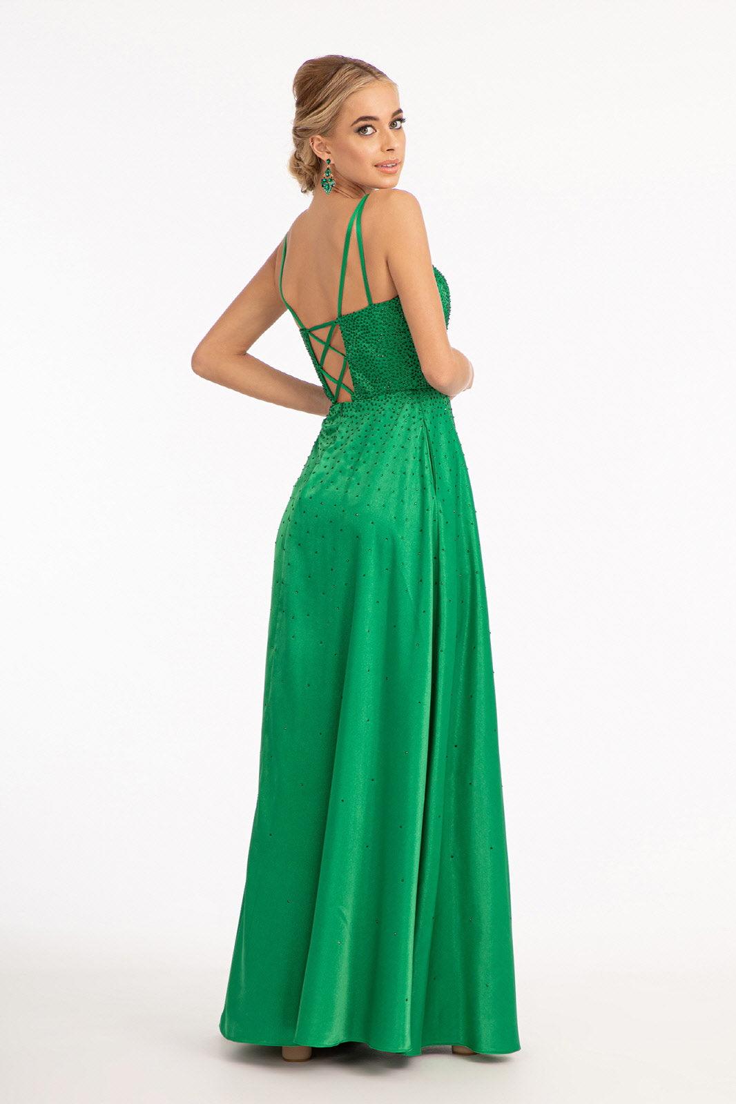 Long Spaghetti Strap Satin A Line Prom Dress - The Dress Outlet