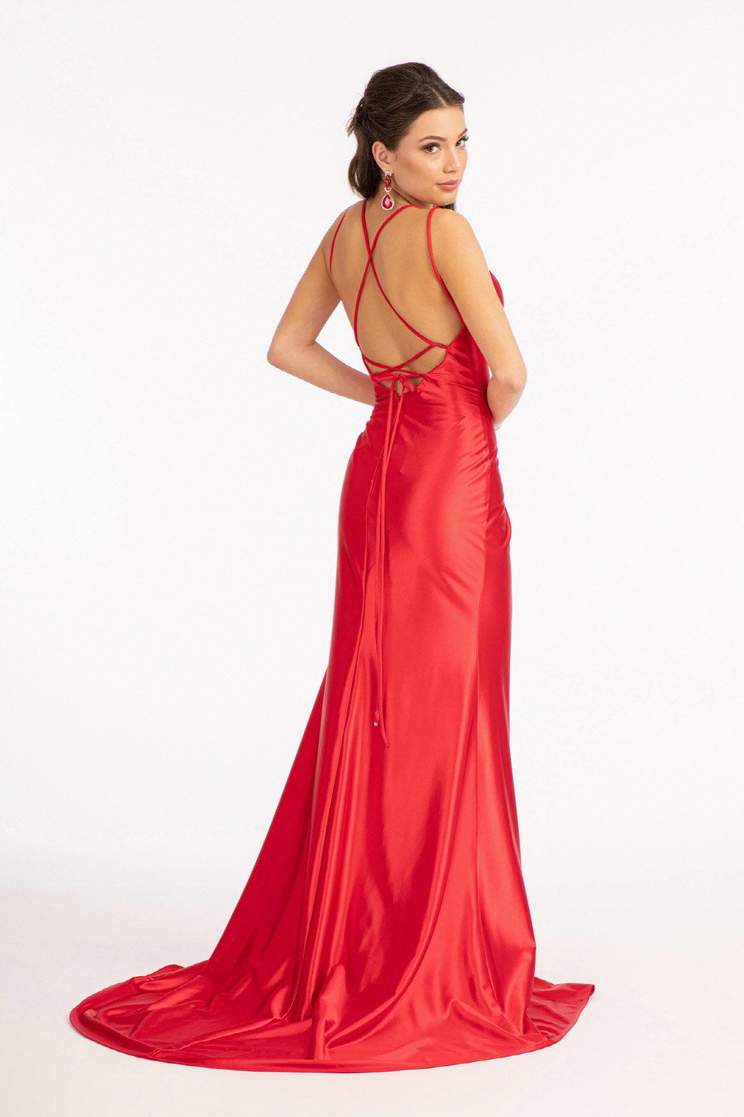 Long Spaghetti Strap Satin Mermaid Prom Dress - The Dress Outlet