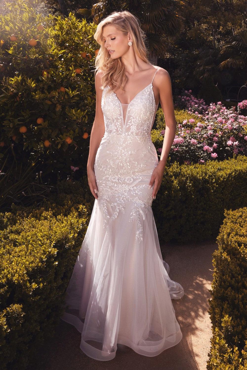 Long Spaghetti Straps Lace Mermaid Wedding Gown - The Dress Outlet