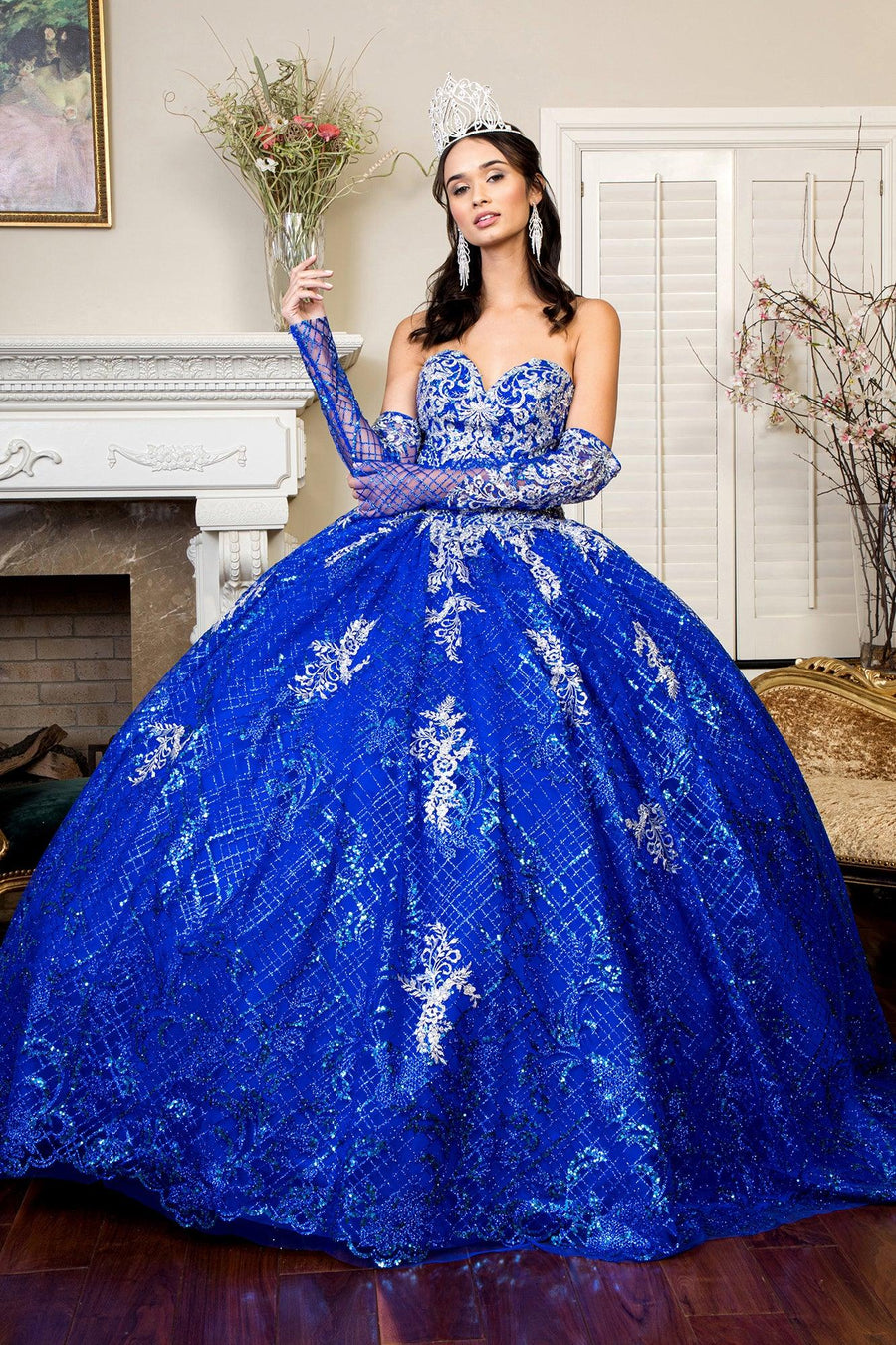 Long Strapless Quinceanera Glitter Mesh Ball Gown - The Dress Outlet