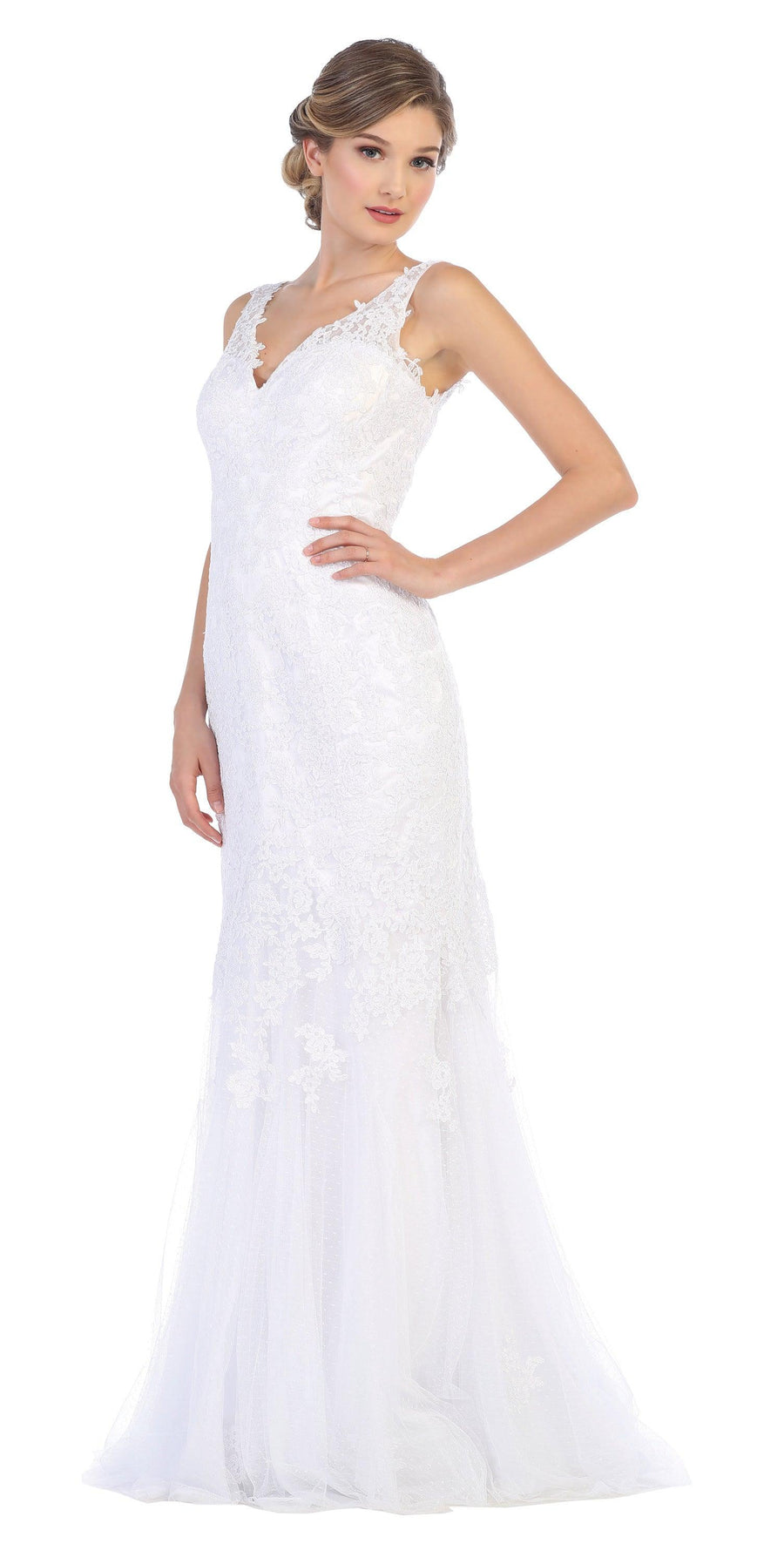 Long Wedding Dress Sleeveless Lace Bridal Gown - The Dress Outlet