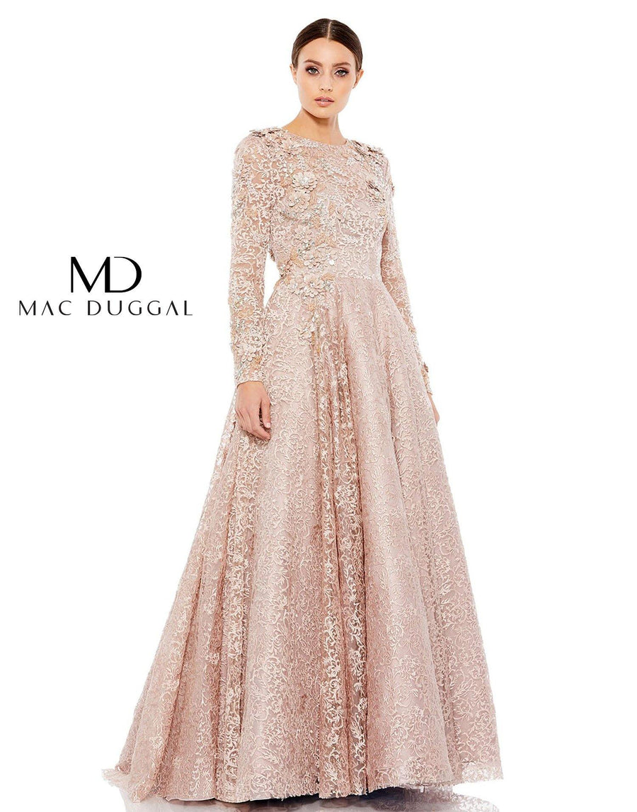 Mac Duggal Embroidered Long Sleeve A Line Ball Gown - The Dress Outlet