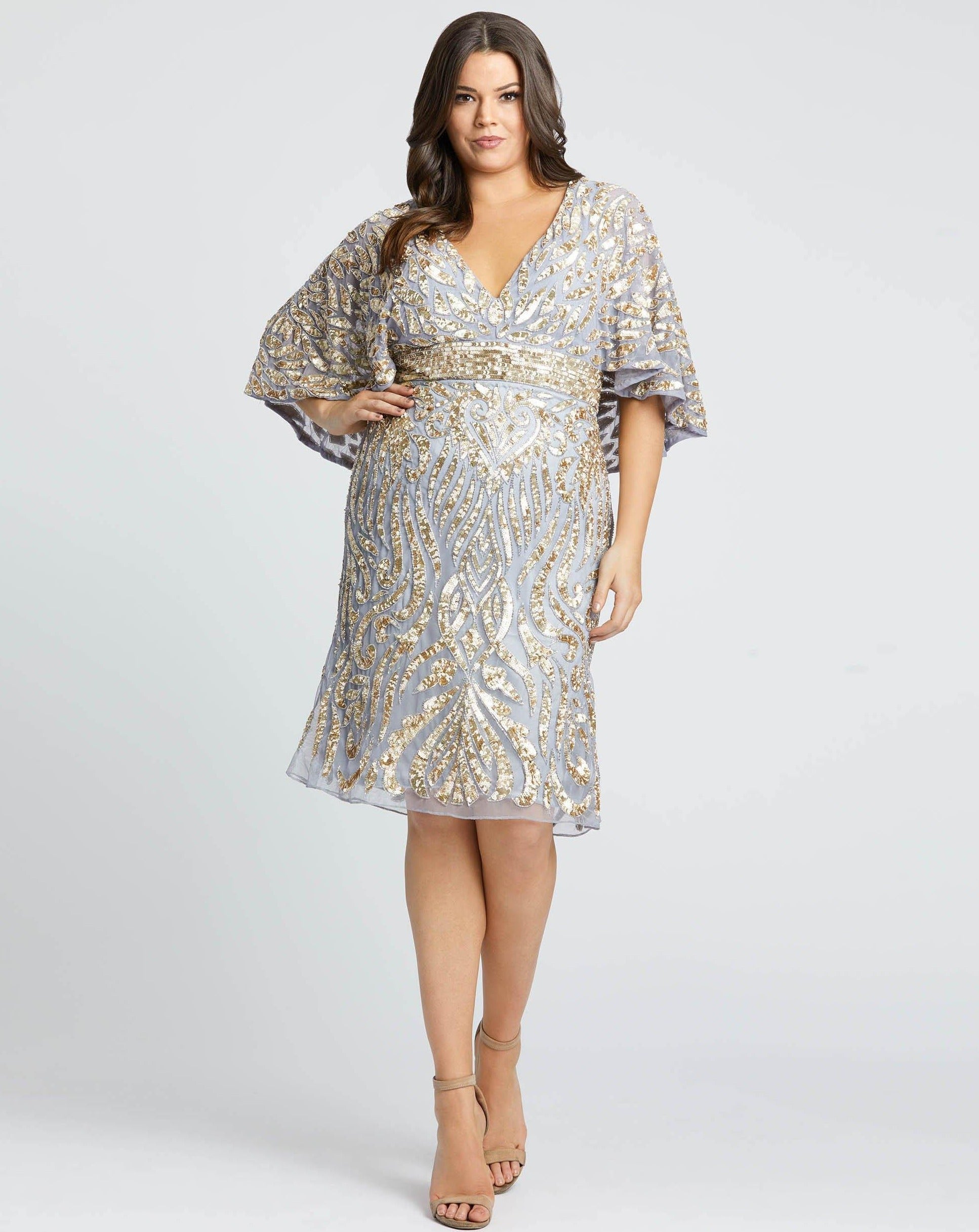 R&M Richards Women's Plus Size Short Sleeve sequin-embellished High-Low Gown 24W, Navy Gold