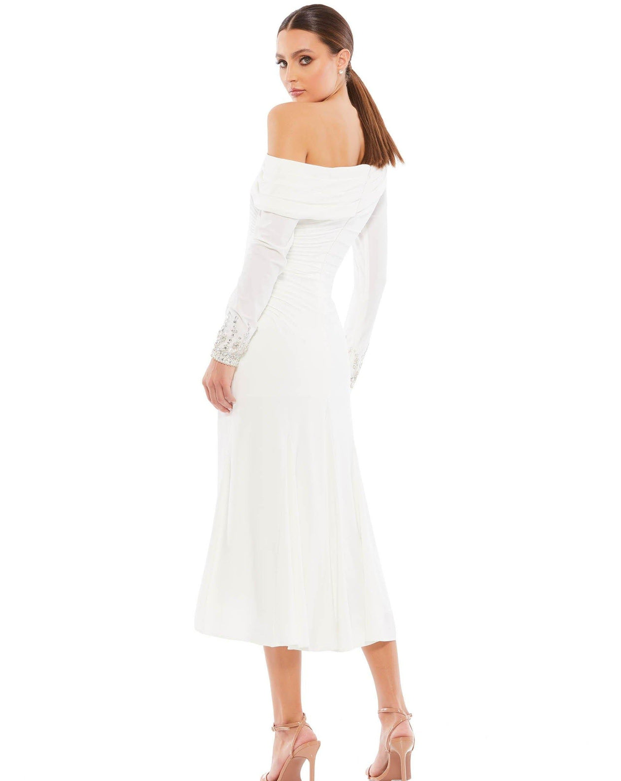 White Mac Duggal 26485 Foldover Long Sleeve Jeweled Midi Dress for $179.0 –  The Dress Outlet