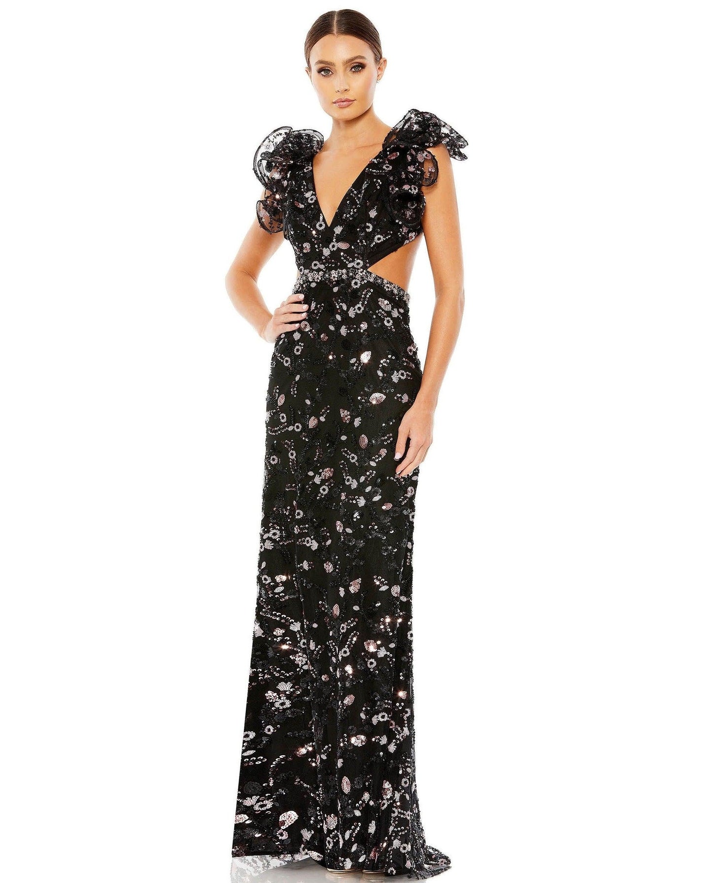 Mac Duggal Long Cap Sleeve Floral Formal Gown 68043 - The Dress Outlet