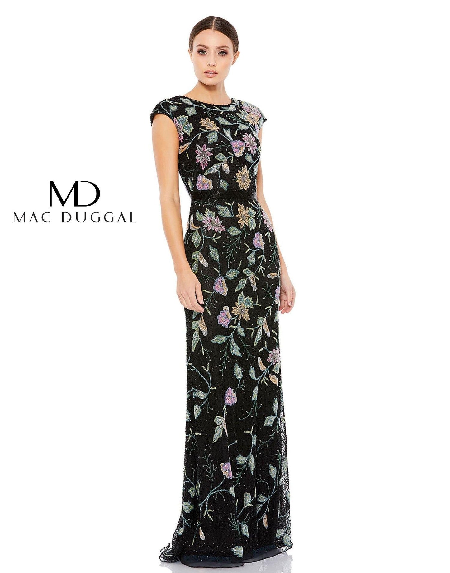 Mac Duggal Long Formal Cap Sleeve Floral Dress 5229 - The Dress Outlet