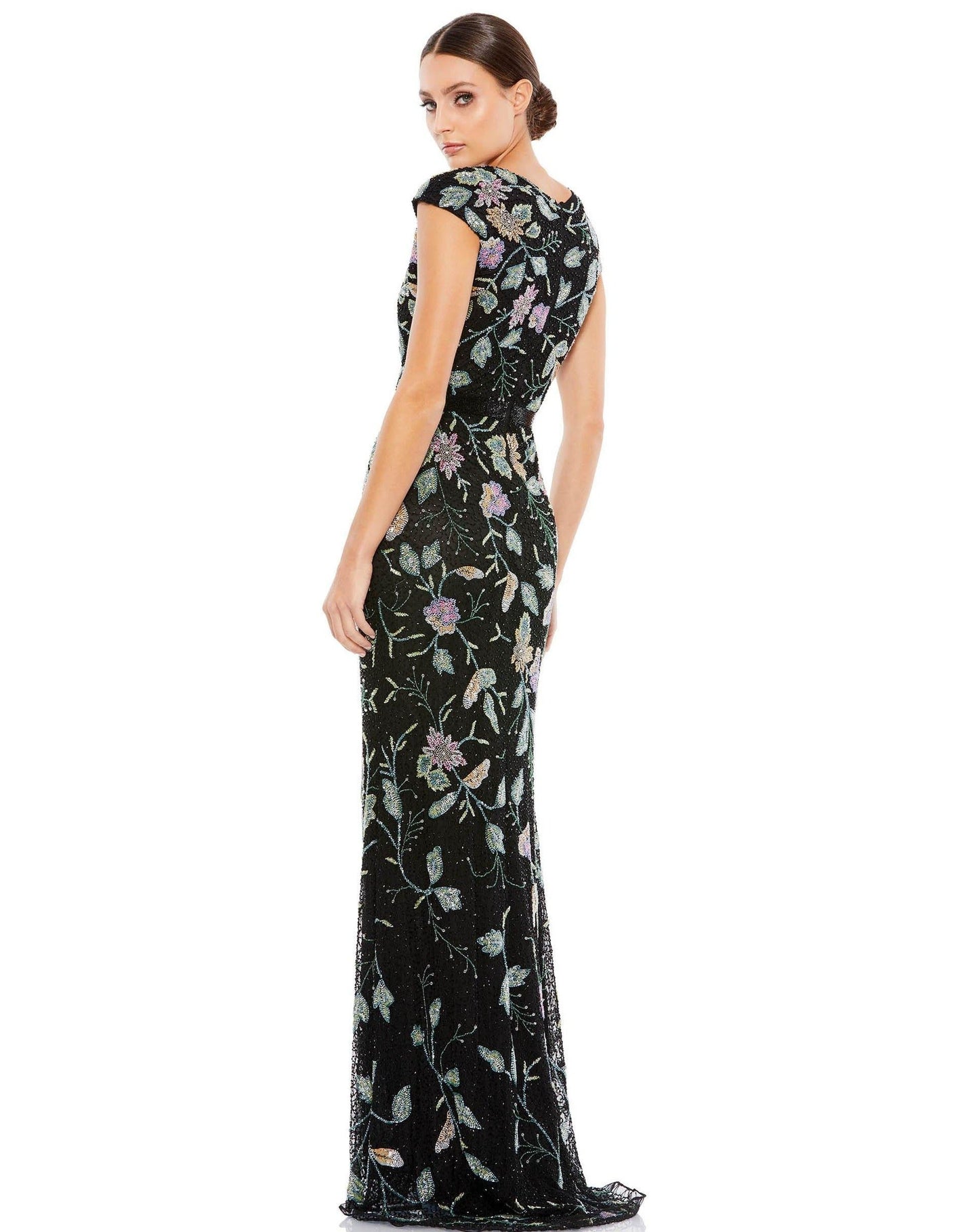 Mac Duggal Long Formal Cap Sleeve Floral Dress 5229 - The Dress Outlet