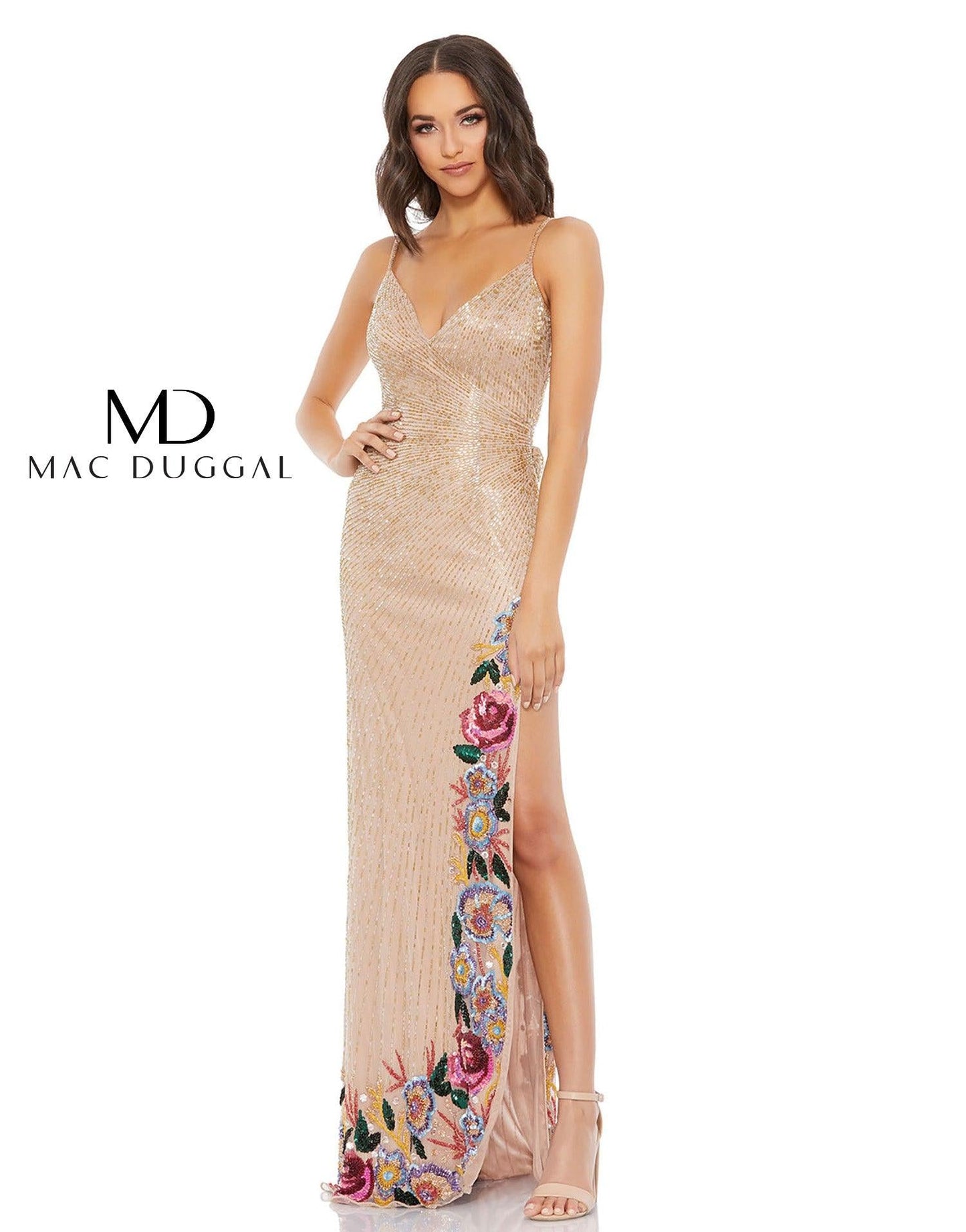 Mac Duggal Long Formal Floral Slit Beaded Gown 5238 Sale - The Dress Outlet