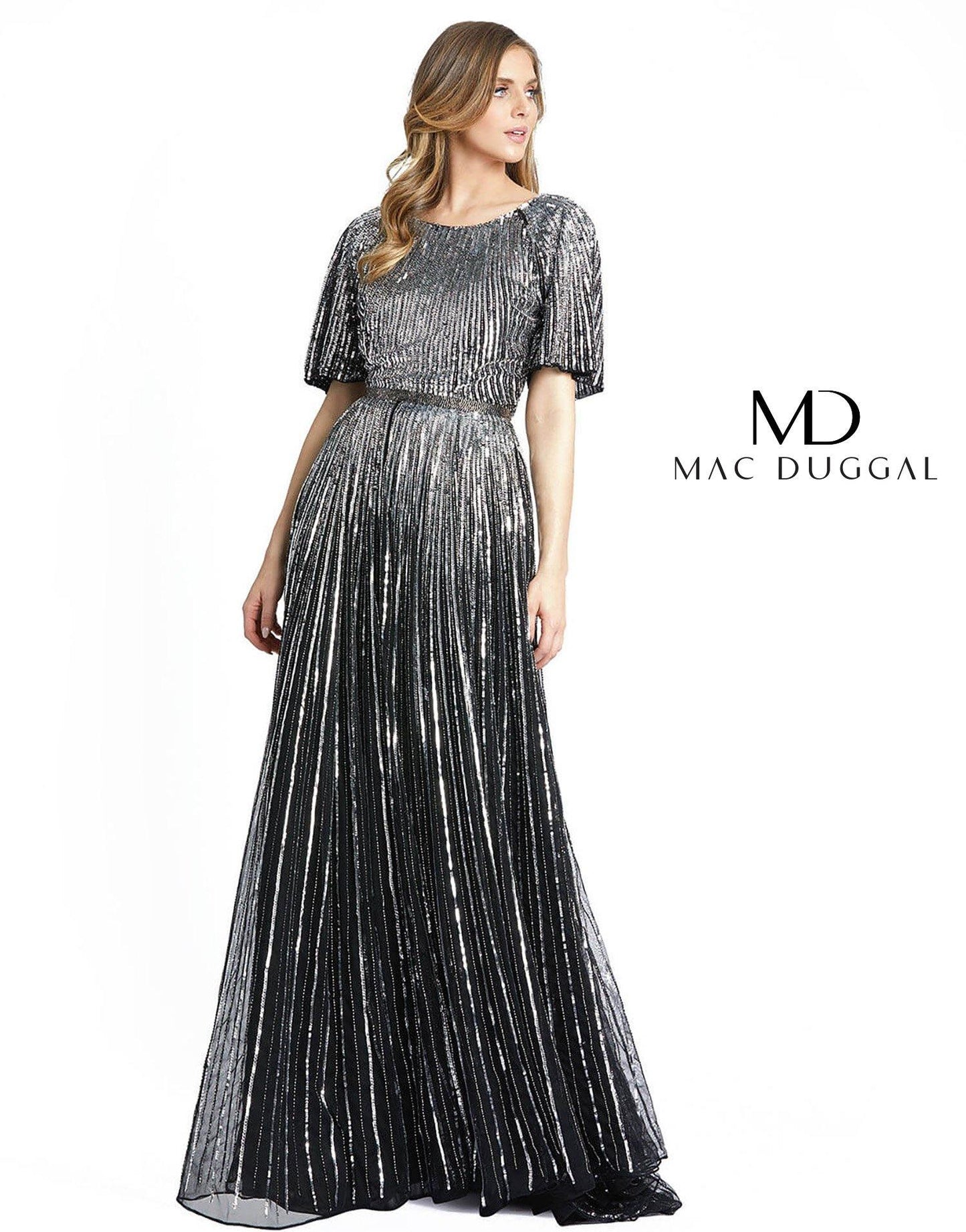 Mac Duggal Long Formal Short Sleeve Evening Dress - The Dress Outlet