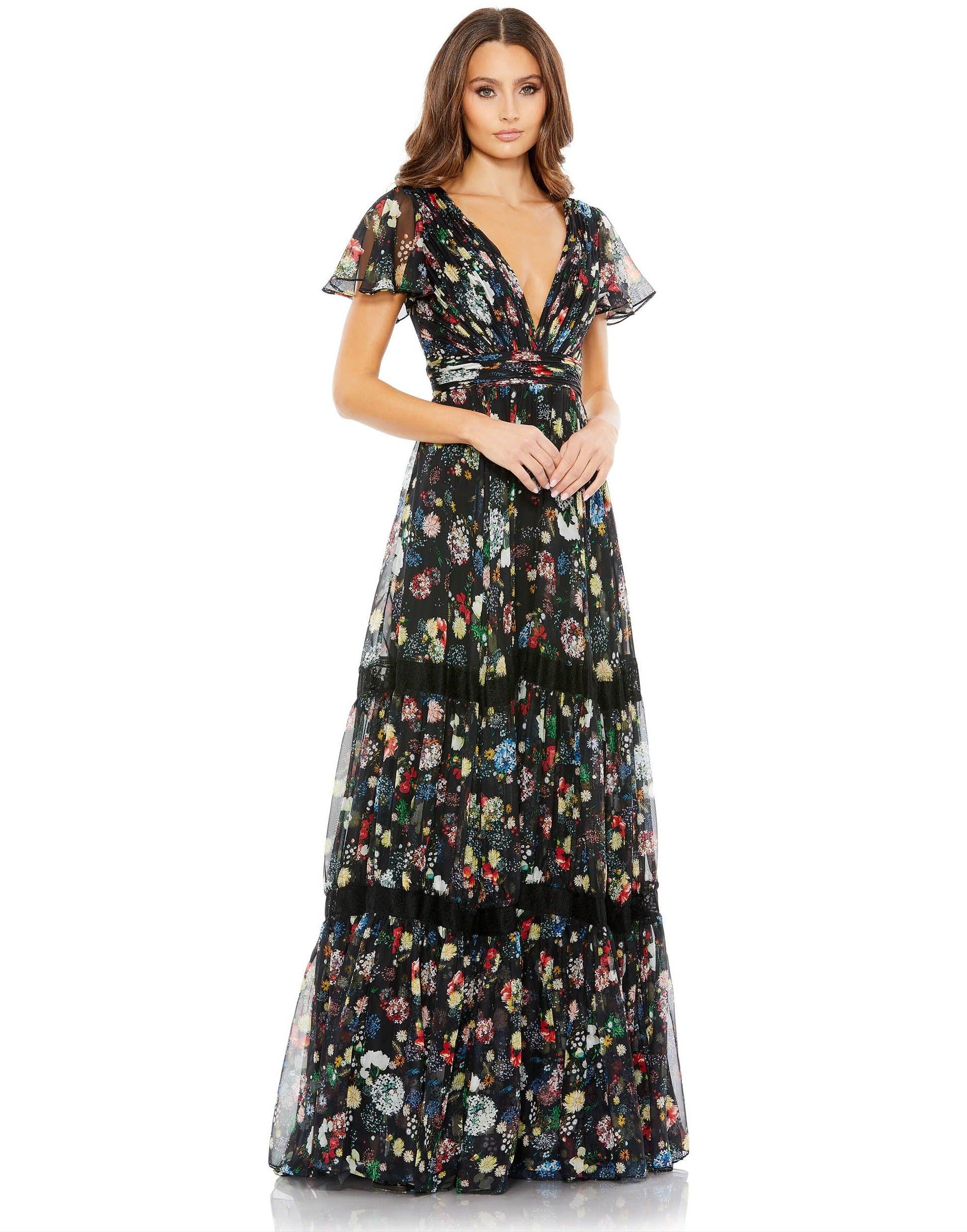 Black Multi Mac Duggal 67934 Long Mother of the Bride Print Gown for ...