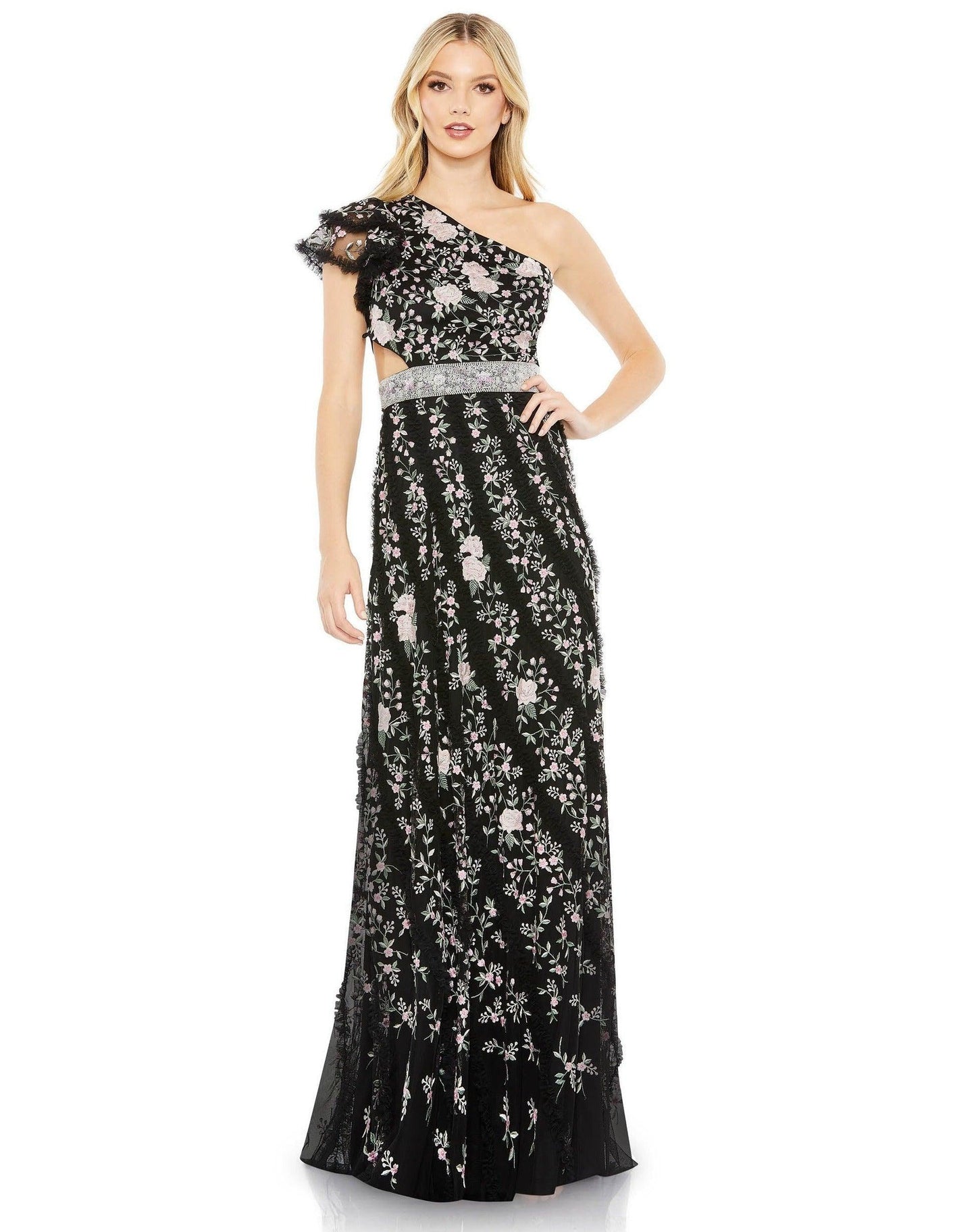 Mac Duggal Long One Shoulder Floral Lace Gown 35108 - The Dress Outlet