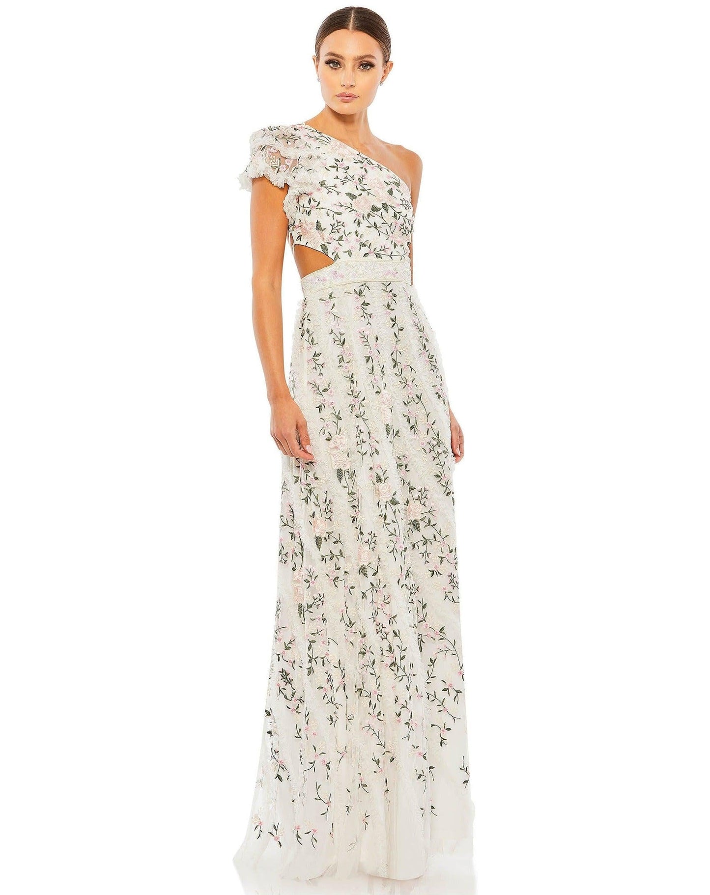 Mac Duggal Long One Shoulder Floral Lace Gown 35108 - The Dress Outlet