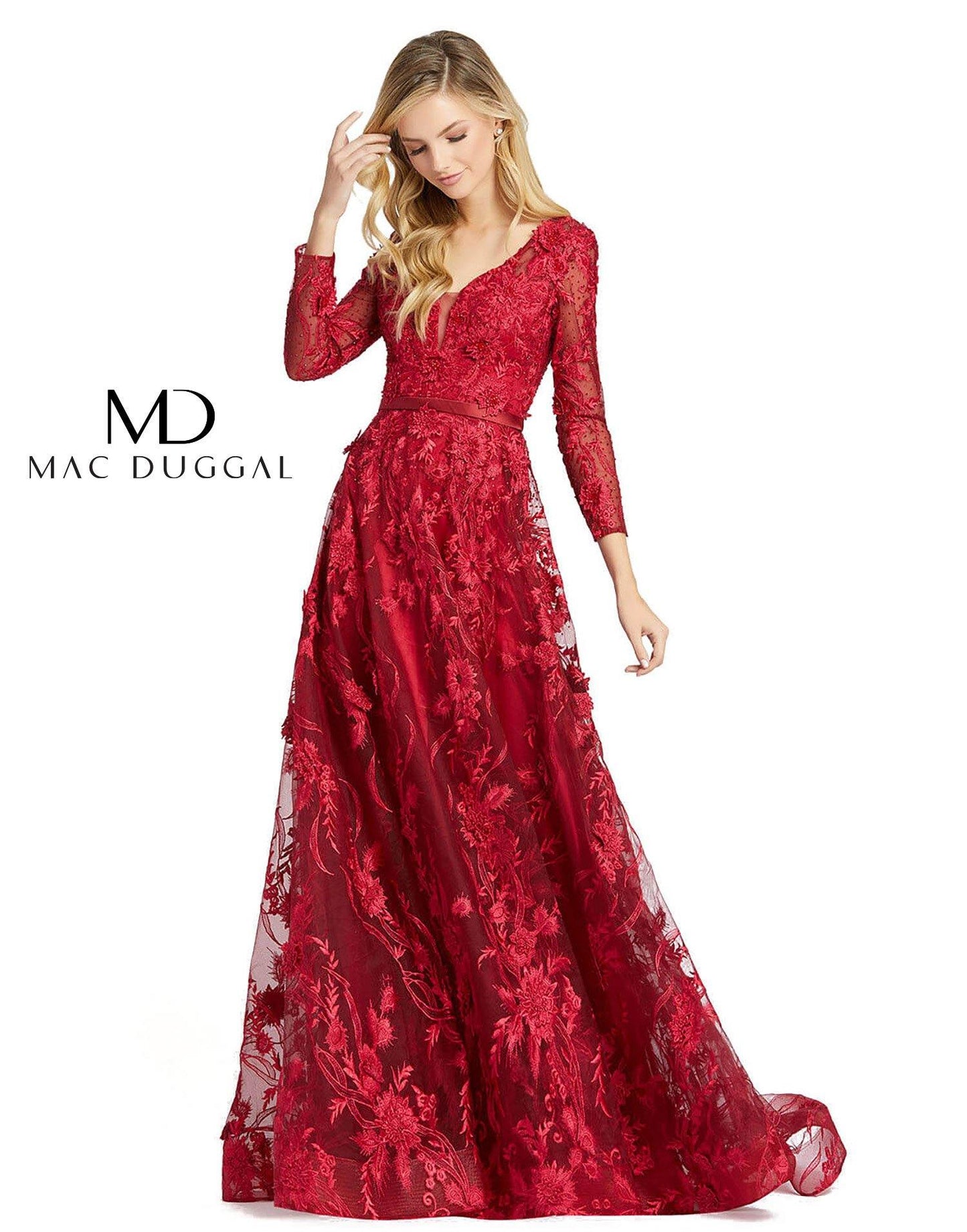 Mac Duggal Long Sleeve A Line Floral Evening Dress - The Dress Outlet