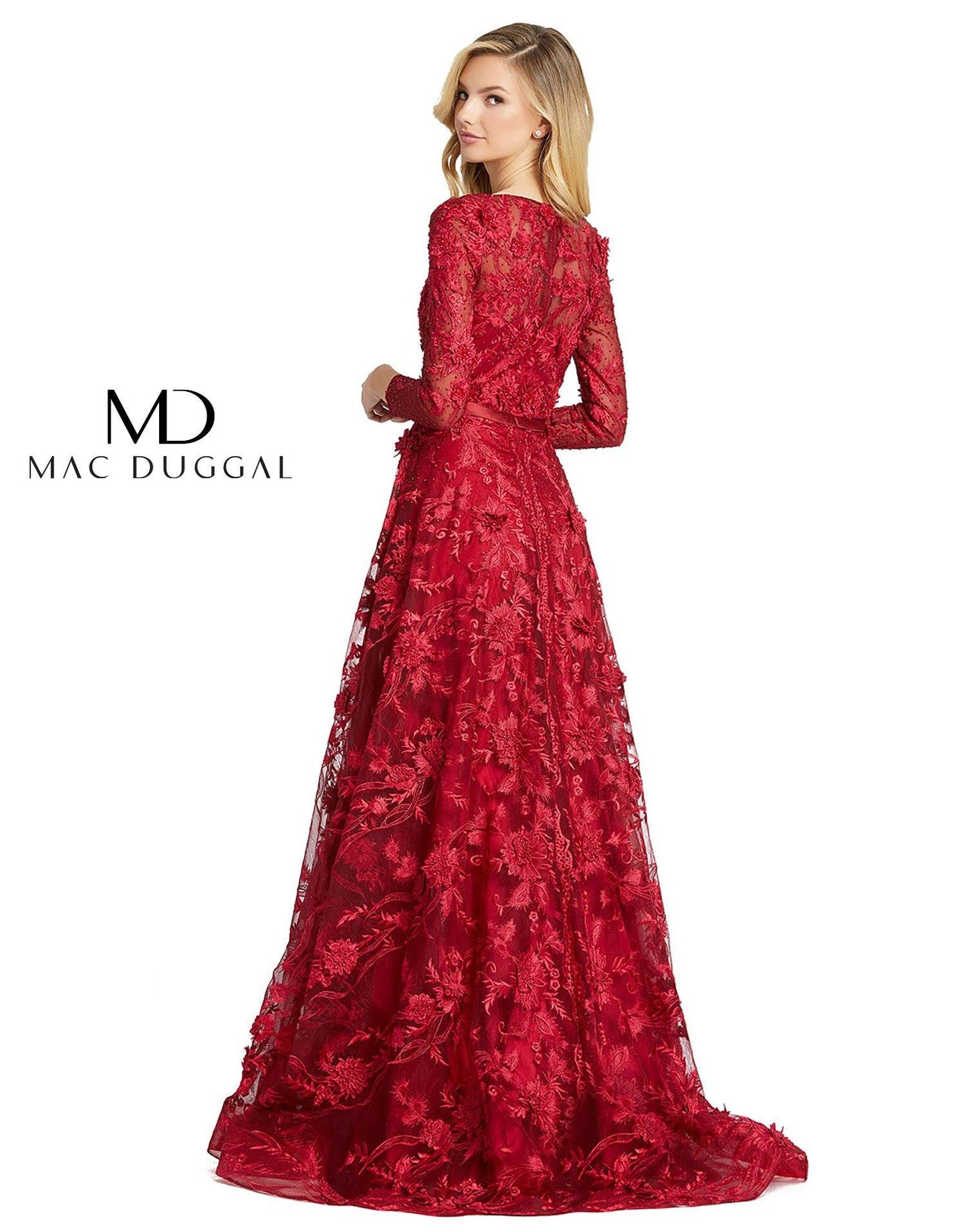 Mac Duggal Long Sleeve A Line Floral Evening Dress - The Dress Outlet