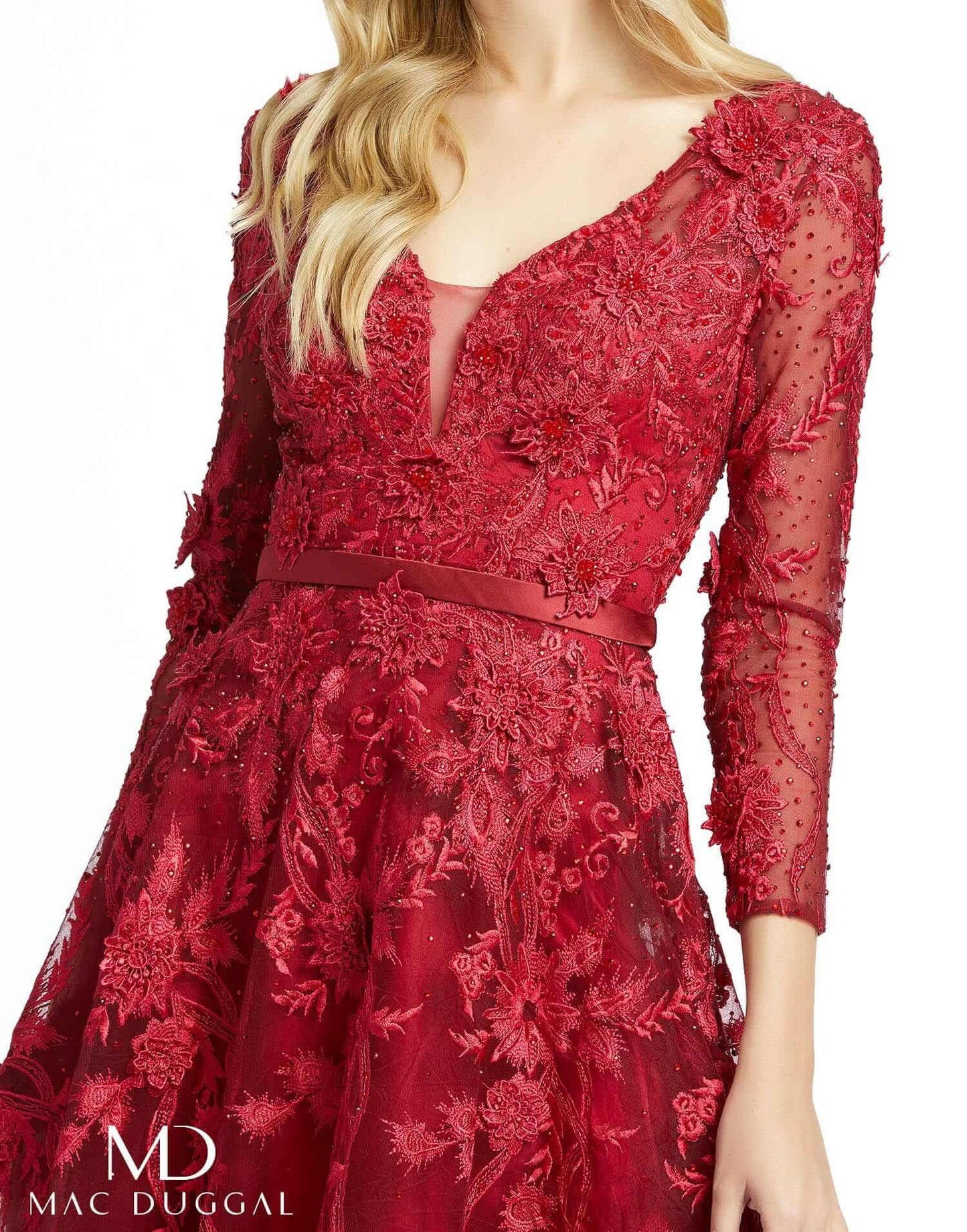 Mac Duggal Long Sleeve A Line Floral Evening Dress - The Dress Outlet