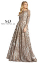 Mac Duggal Long Sleeve Beaded Formal Evening Dress Mocha