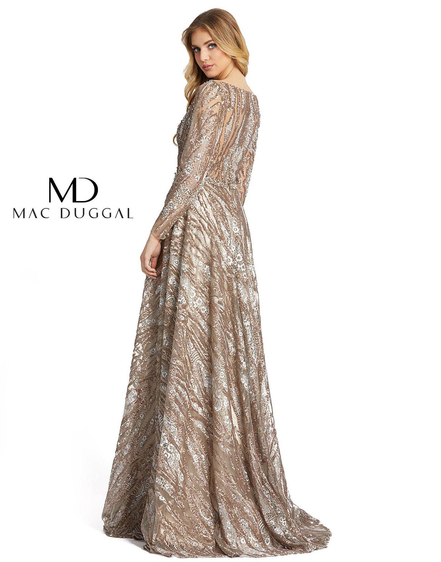 Mac Duggal Long Sleeve Beaded Formal Evening Dress Mocha