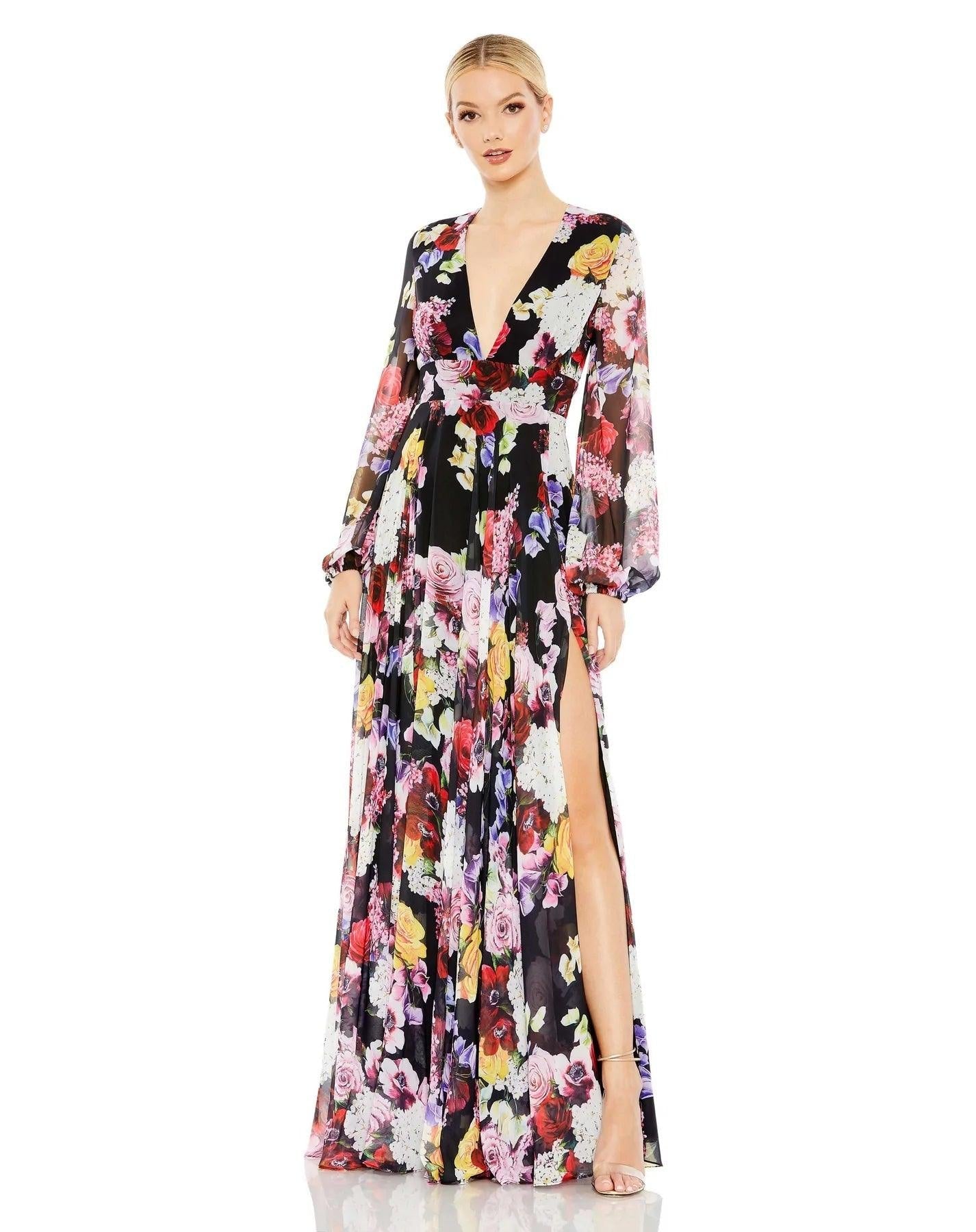 Mac Duggal Long Sleeve Floral Chiffon Dress 55660 - The Dress Outlet