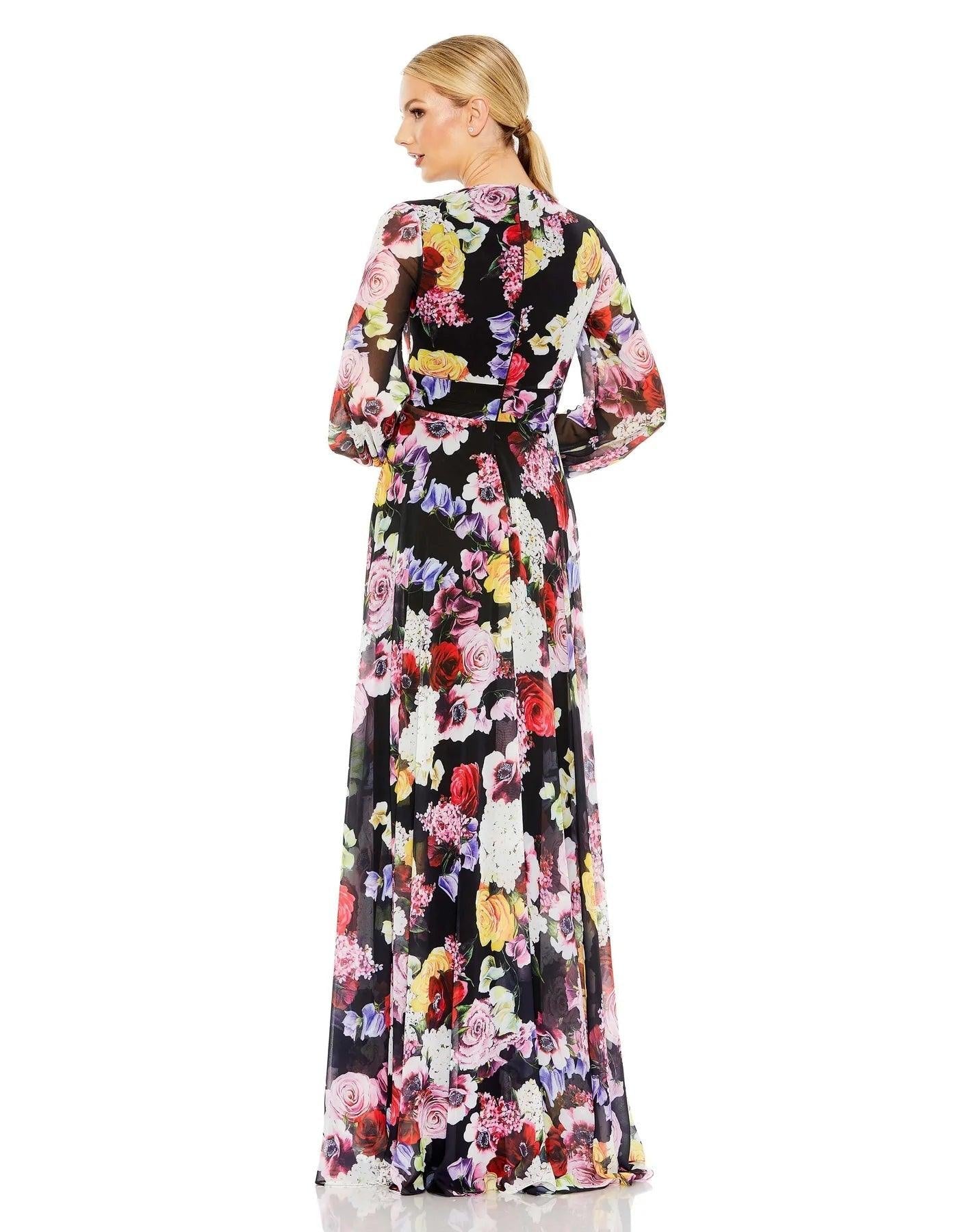 Mac Duggal Long Sleeve Floral Chiffon Dress 55660 - The Dress Outlet