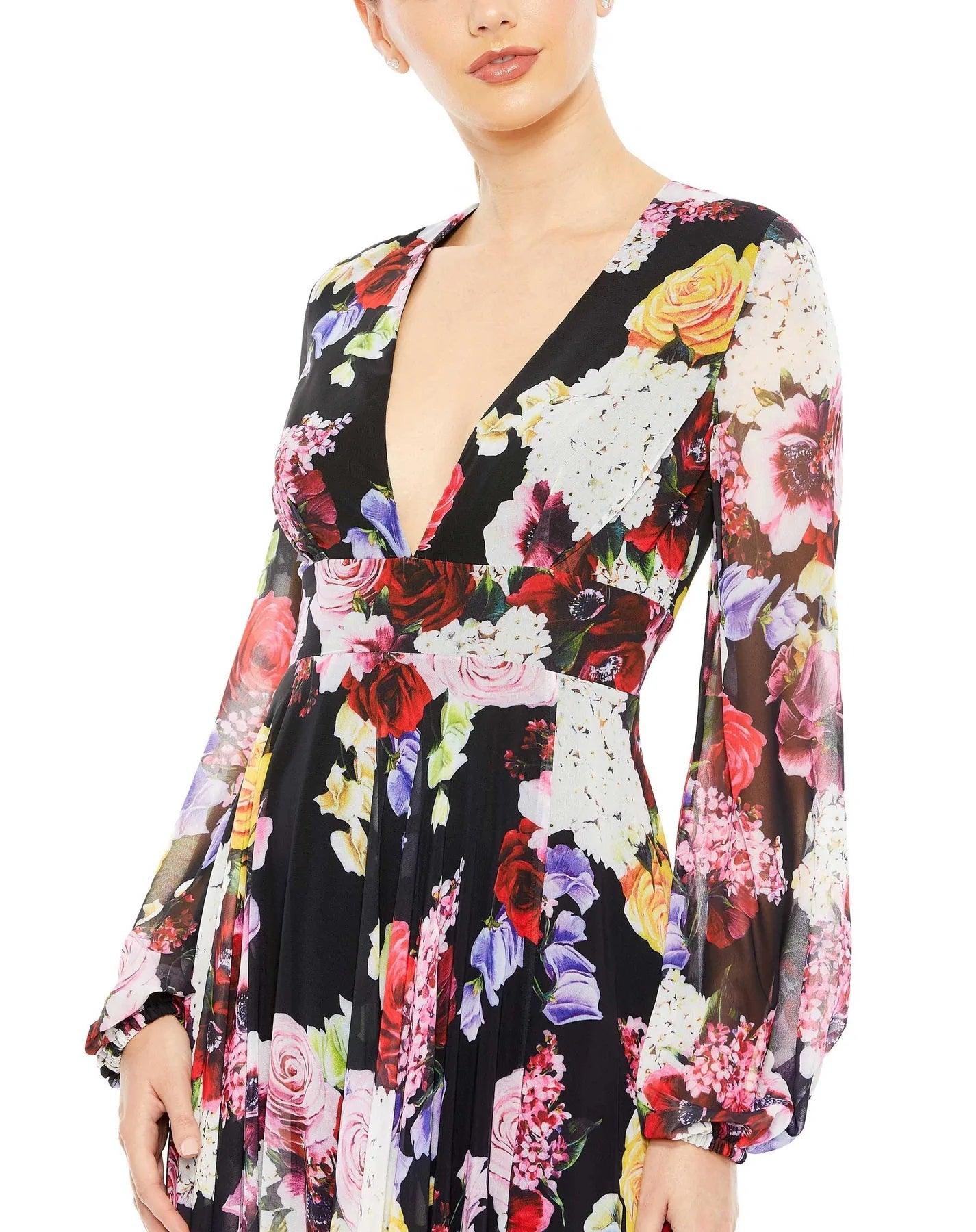 Mac Duggal Long Sleeve Floral Chiffon Dress 55660 - The Dress Outlet