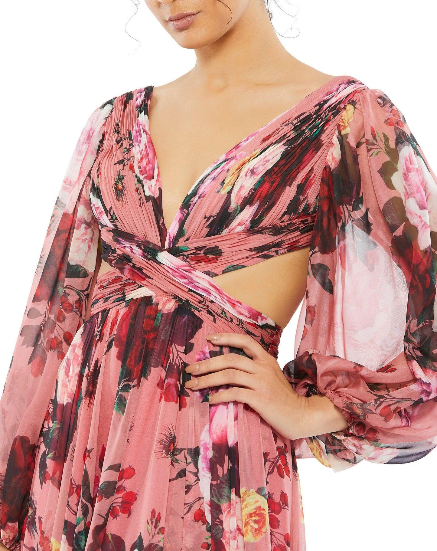 Mac Duggal Long Sleeve Floral Chiffon Dress 67946 - The Dress Outlet