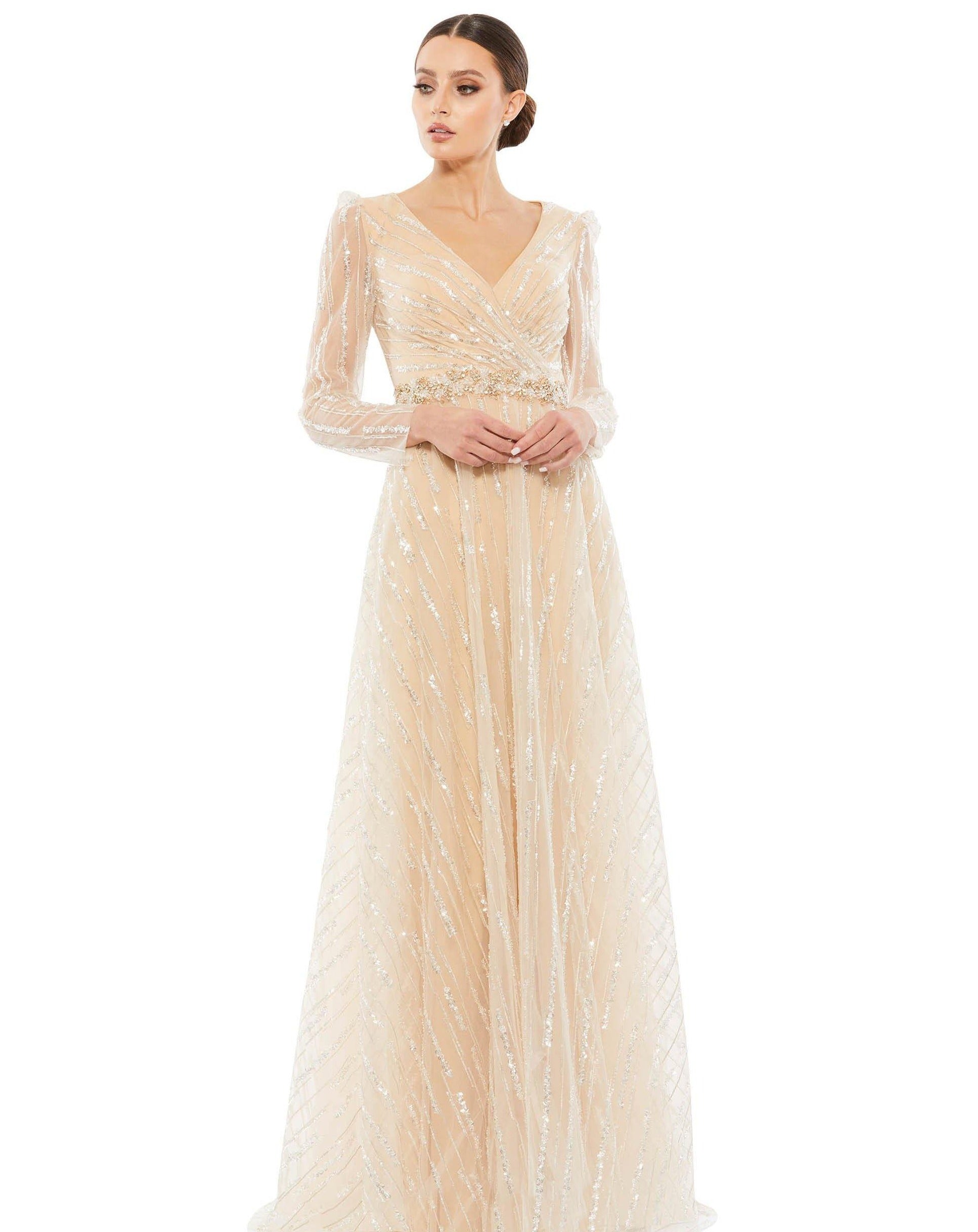 Champagne Mac Duggal 67859 Long Sleeve Formal Evening Dress for $239.99 ...