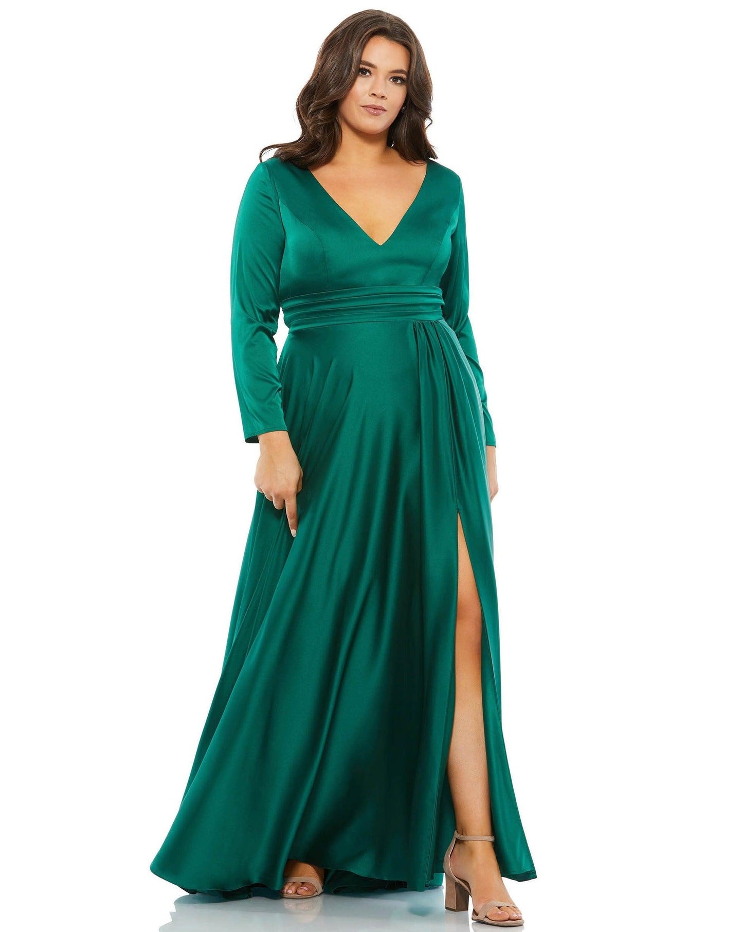 Mac Duggal Long Sleeve Plus Size Satin Dress 55290 - The Dress Outlet