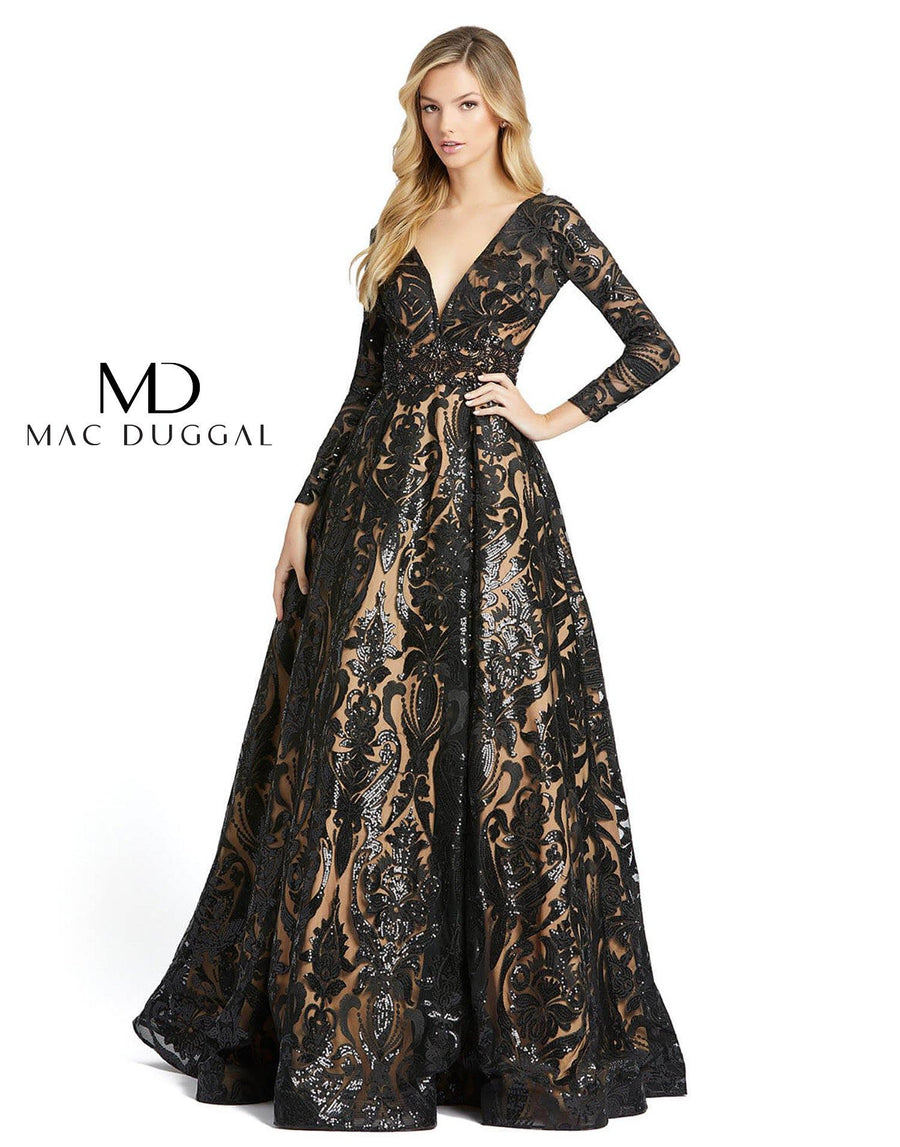 Mac Duggal Long Sleeve Sequins Deep V Neck Ballgown - The Dress Outlet