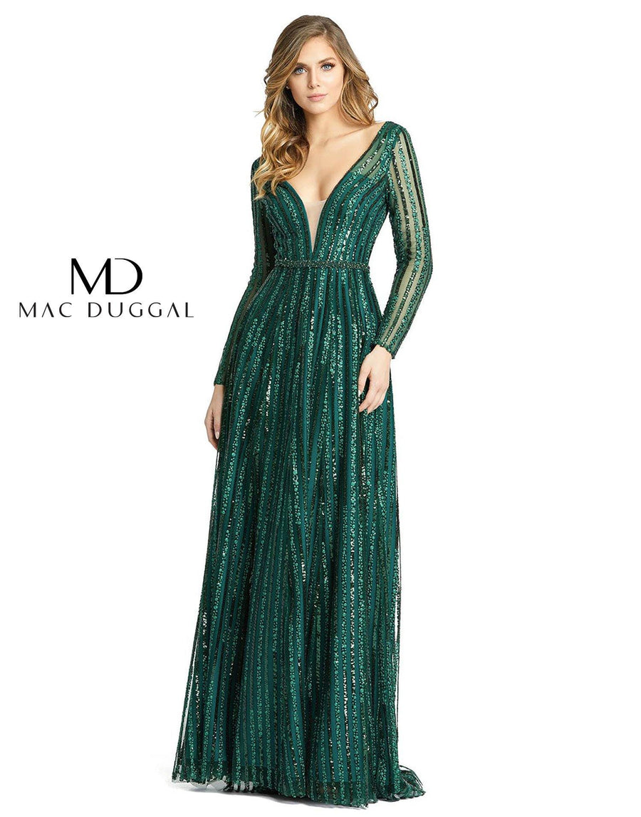 Mac Duggal Long Sleeve Striped Sequins Dress 11184 - The Dress Outlet