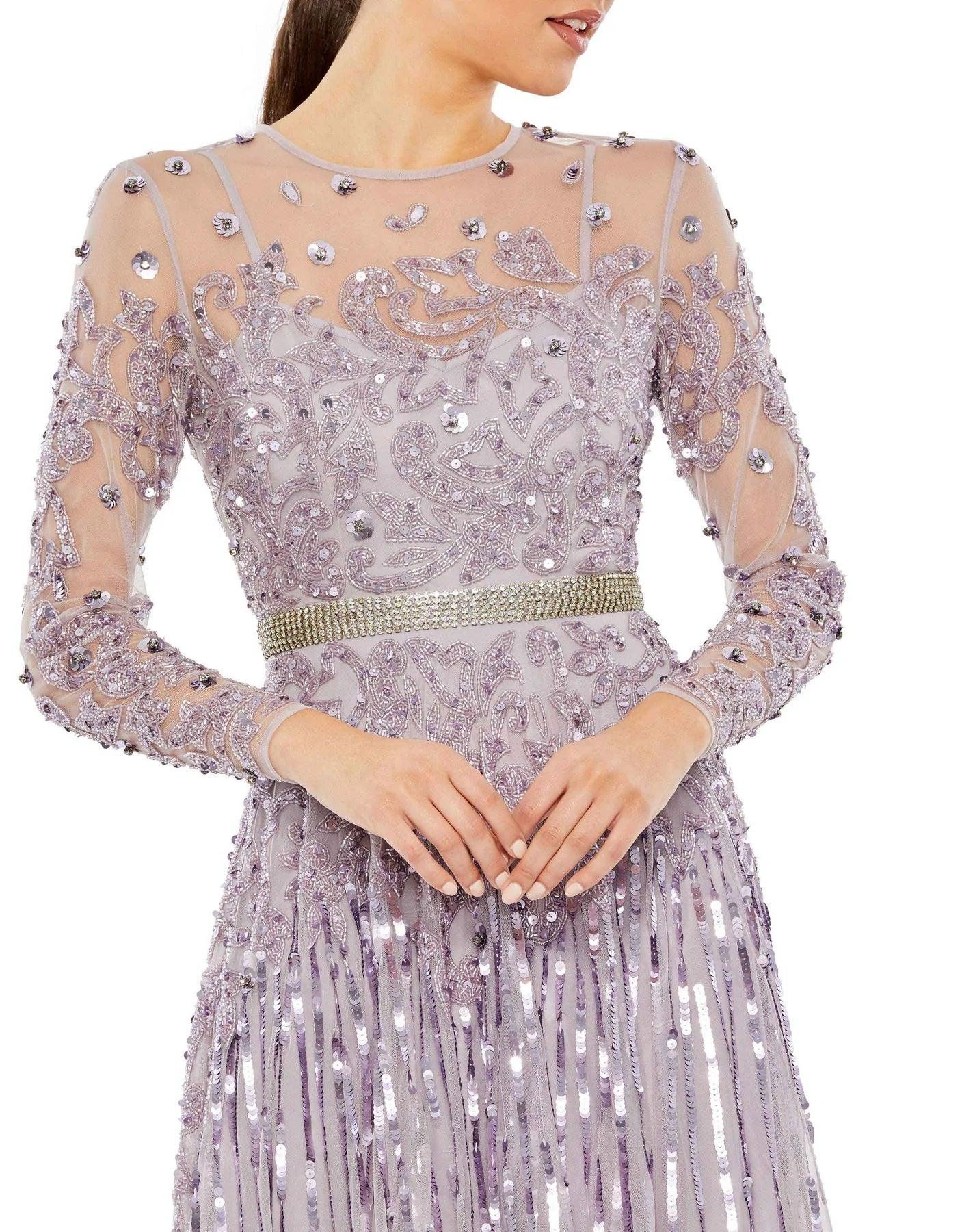 Vintage Lilac Mac Duggal 93633 Long Sleeve Tea Length Dress for $598.0 ...