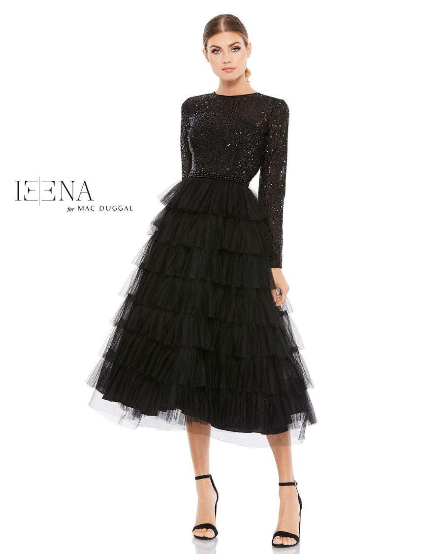 Mac Duggal Long Sleeve Tiered Cocktail Dress Black