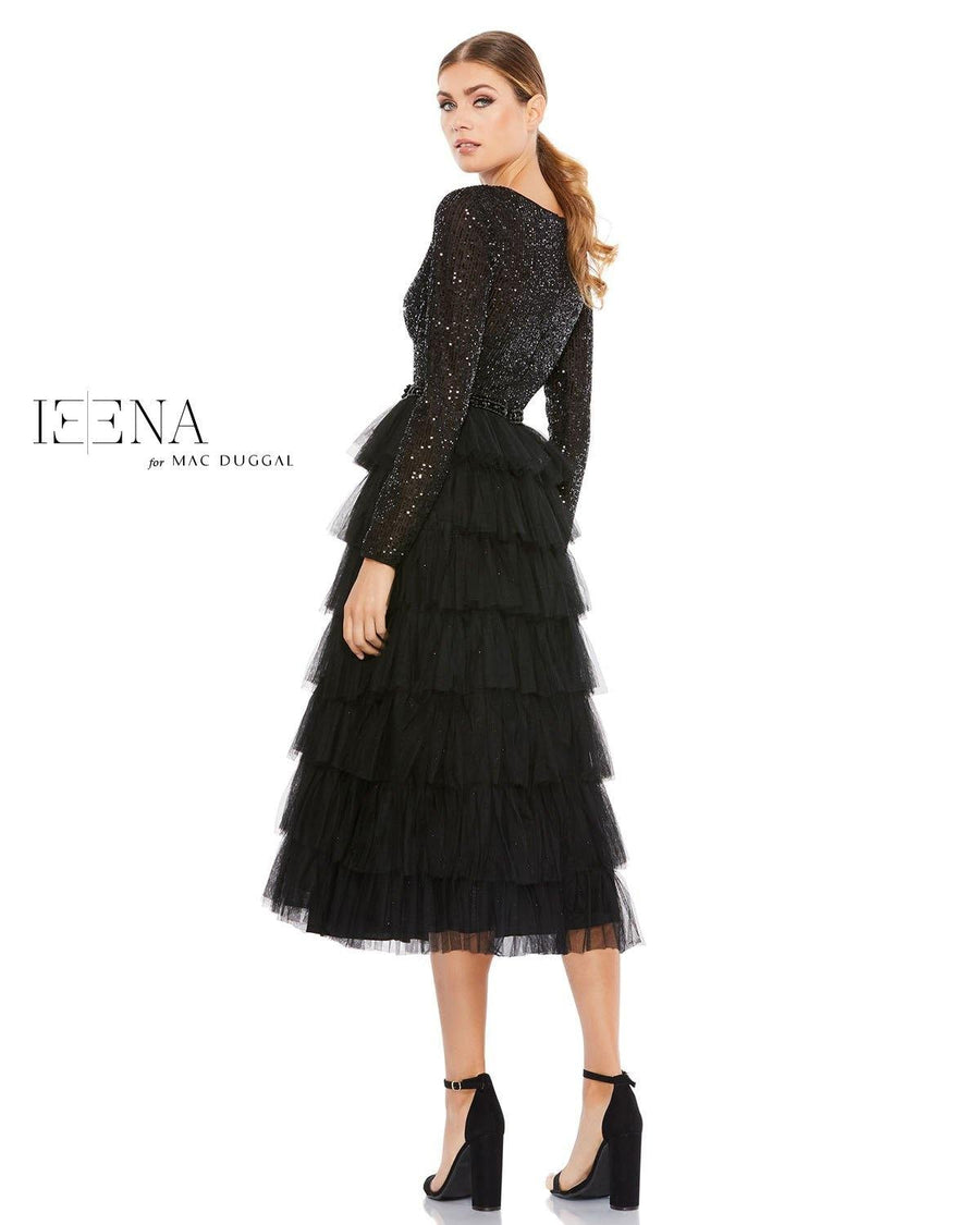 Mac Duggal Long Sleeve Tiered Cocktail Dress Black