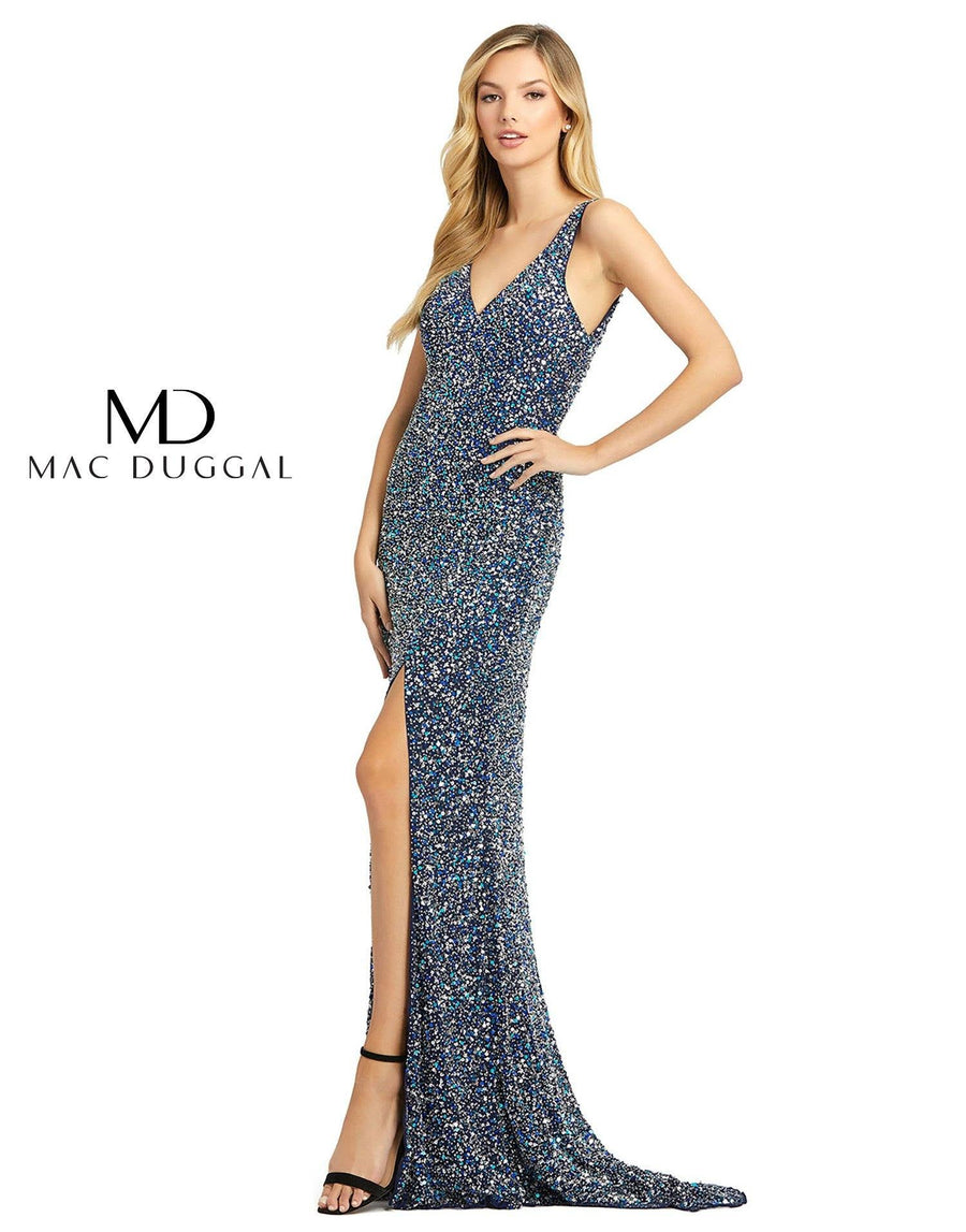 Mac Duggal Prom Long Sleeveless High Slit Gown Navy/Multi