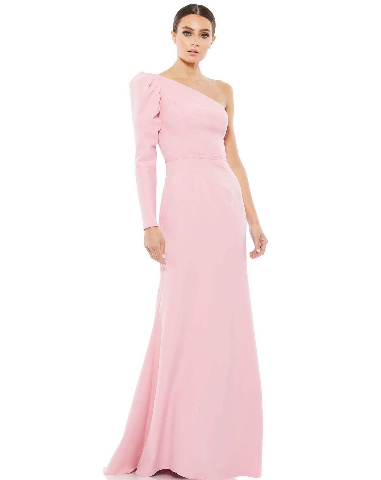 Rose Pink Mac Duggal 26592 Prom One Shoulder Puff Sleeve Gown for $398.0 –  The Dress Outlet