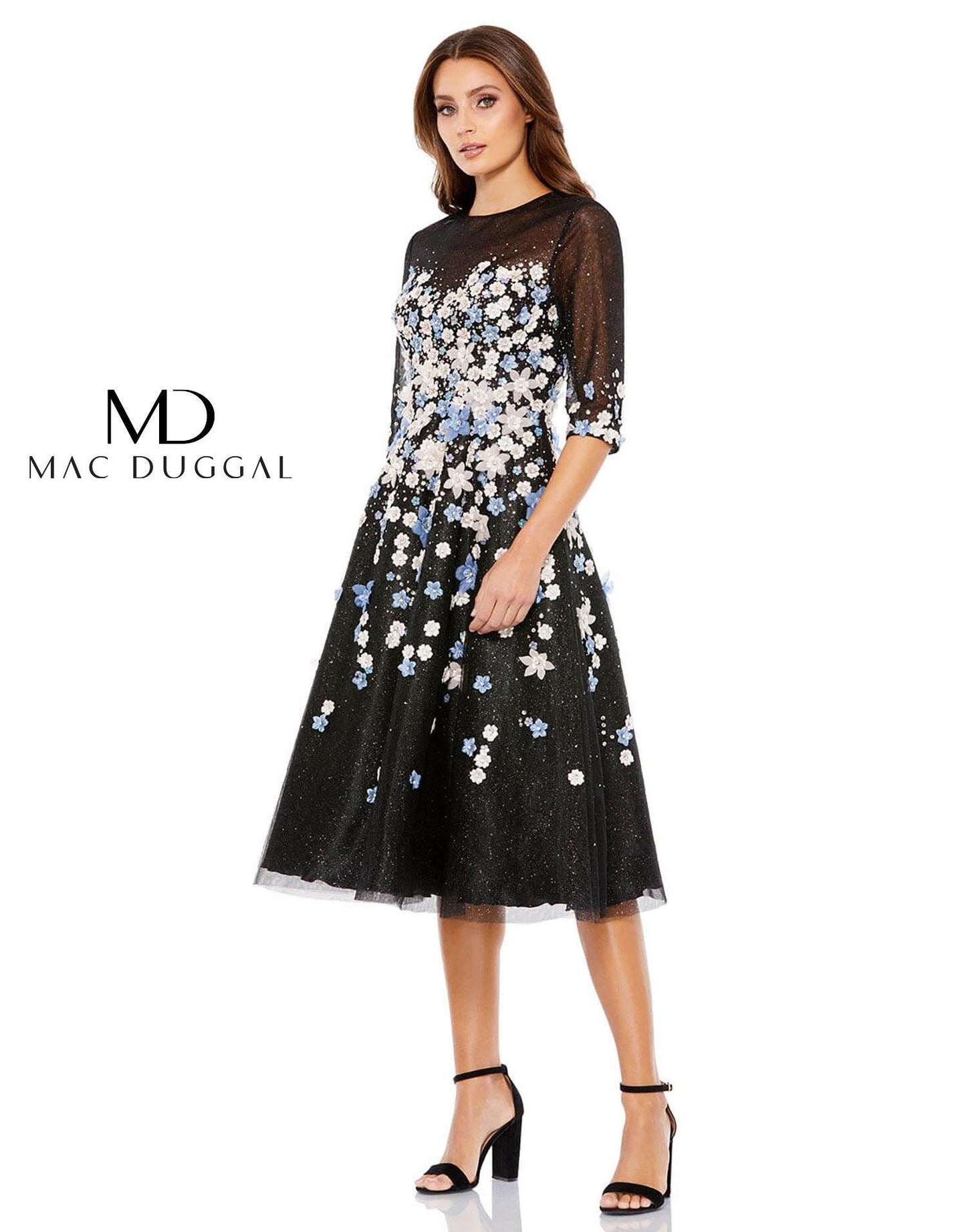 Mac Duggal Short 3/4 Sleeve Floral Dress 11161 - The Dress Outlet