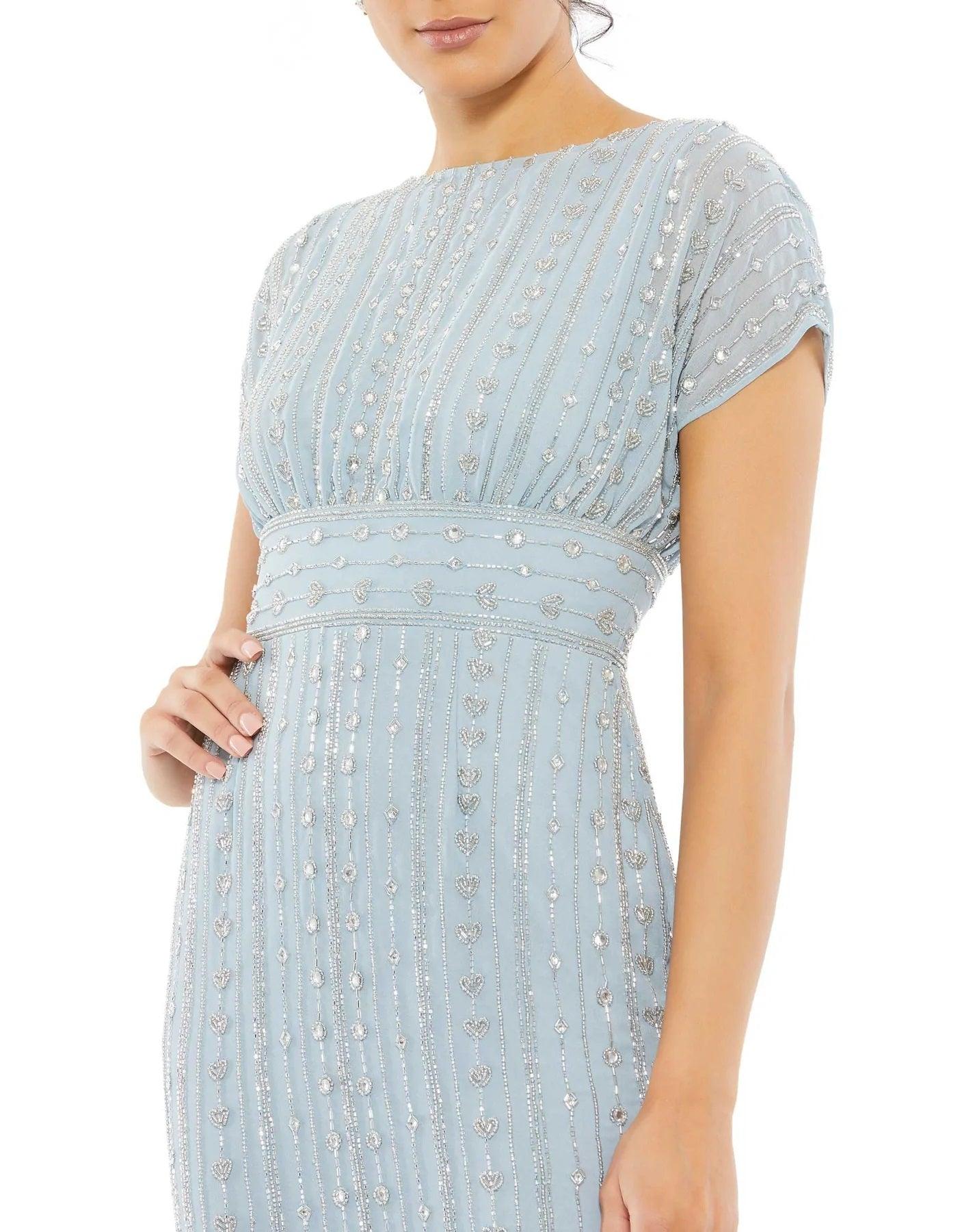 Cocktail Dress Formal Cap Sleeve Midi Length Dress Slate Blue