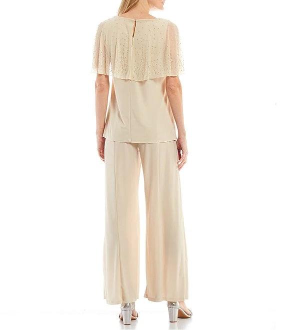 Marina Formal Beaded Short capelet Sleeve Pant Set - The Dress Outlet